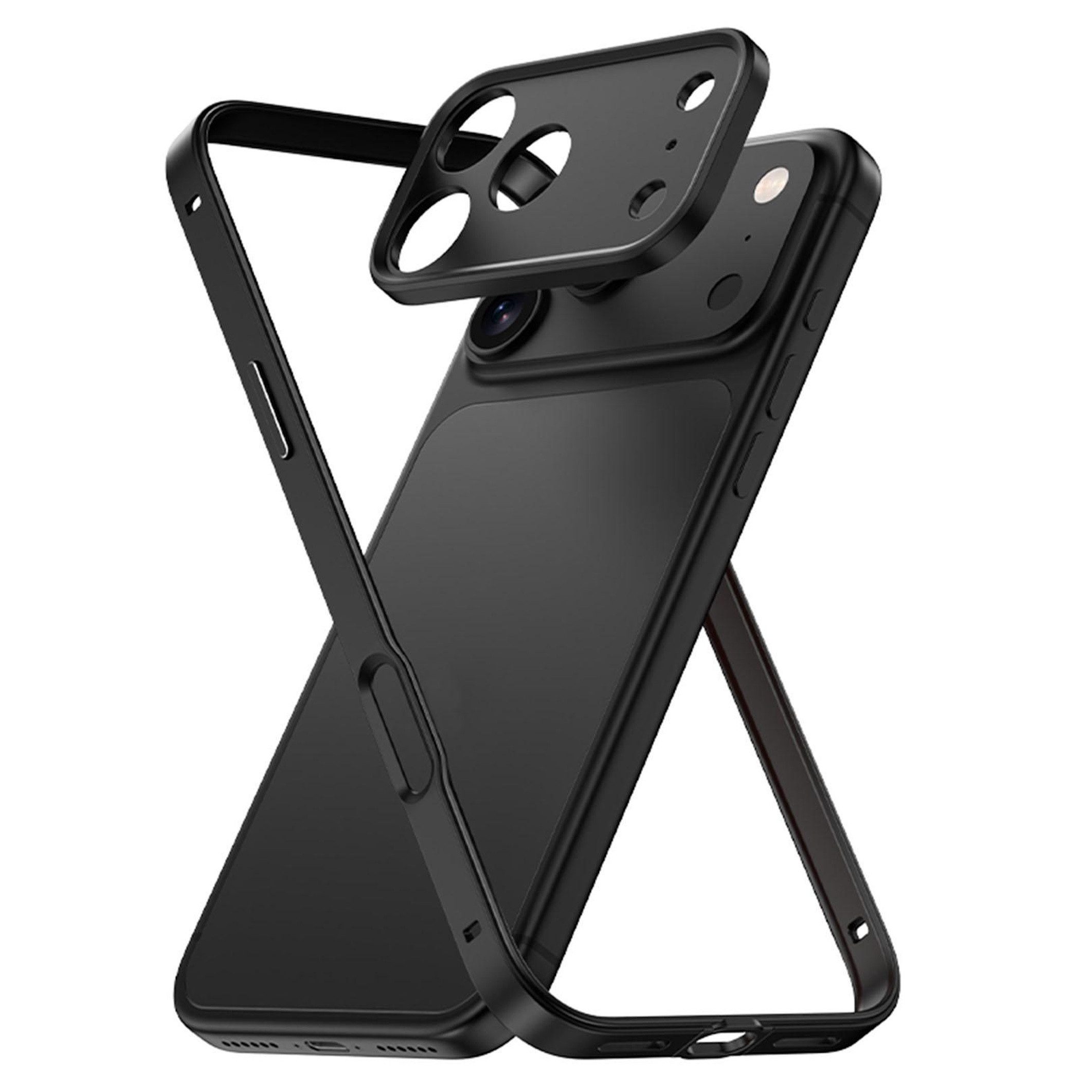 Wigento Handyhülle Bumper + Linsenschutz Alu Metall Rahmen Apple iPhone 18 Pro Schwarz 6,3 Zoll, stoßfest, präzise Aussparungen