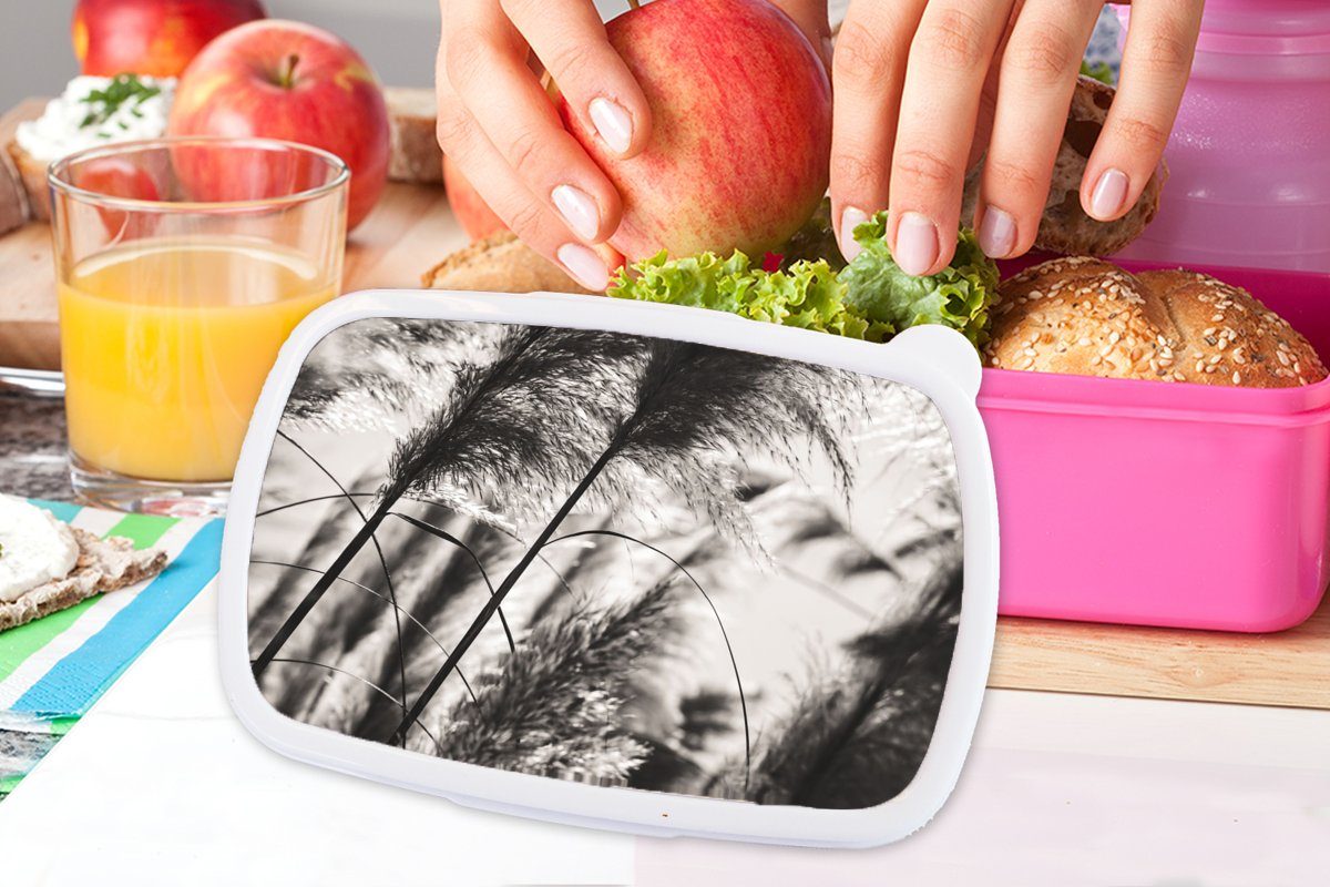 MuchoWow Lunchbox Brotdose rosa - (2-tlg), Weiß Brotbox für Kunststoff Kinder, Kunststoff, - - Pampasgras Pflanze, Mädchen, Snackbox, Schwarz Erwachsene