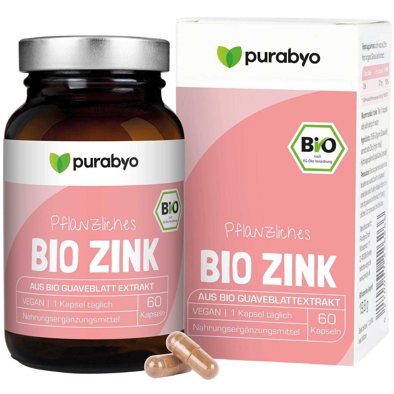 Purabyo Bio Zink Kapseln, 10 mg Zink, aus Bio Guaveblatt Extrakt, im Glas Kapseln, 1 er 60 St., 20 g