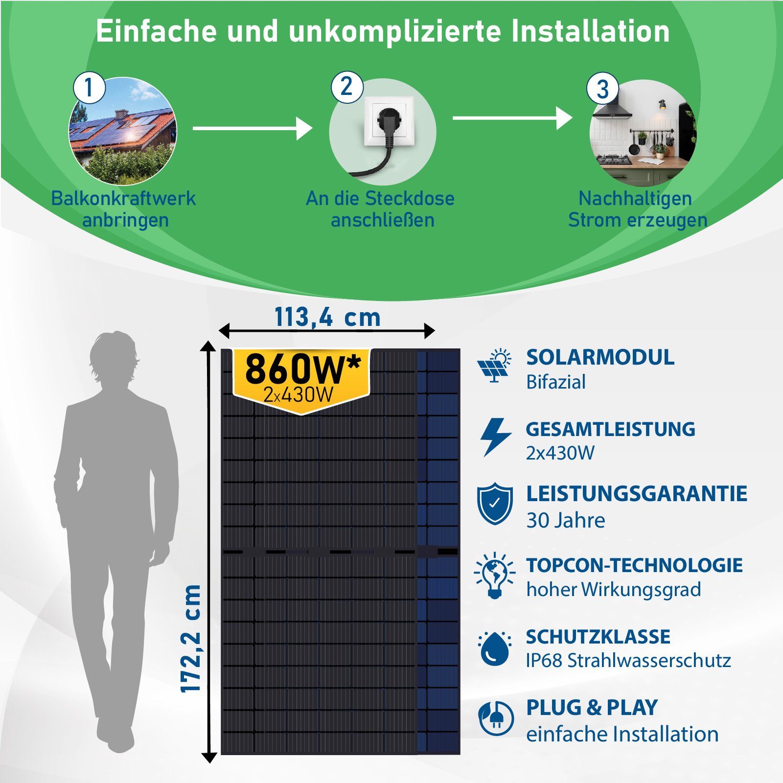 Solaranlage Upgradefähiger Stockschrauben Komplettset, WIFI Hypontech Wechselrichter) Solarmodule Campergold Mit PV-Montage, 860W Balkonkraftwerk 800W (Bifaziale