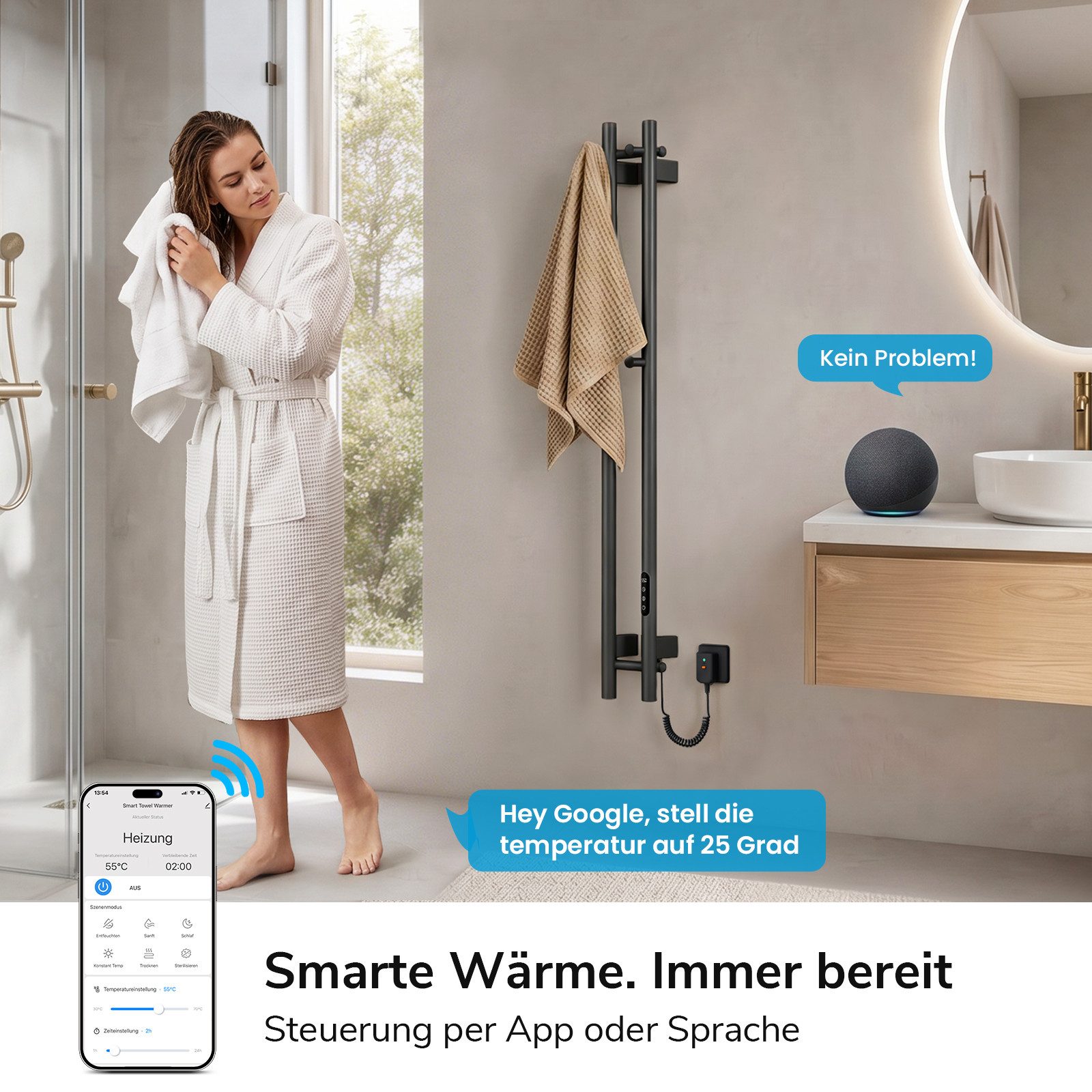 MEYKOERS Heizkörper Elektrischer Handtuchtrockner Design von Garderobenständern, mit Smart-Steuerung, 145W, Kohlefaser-Heiztechnologie
