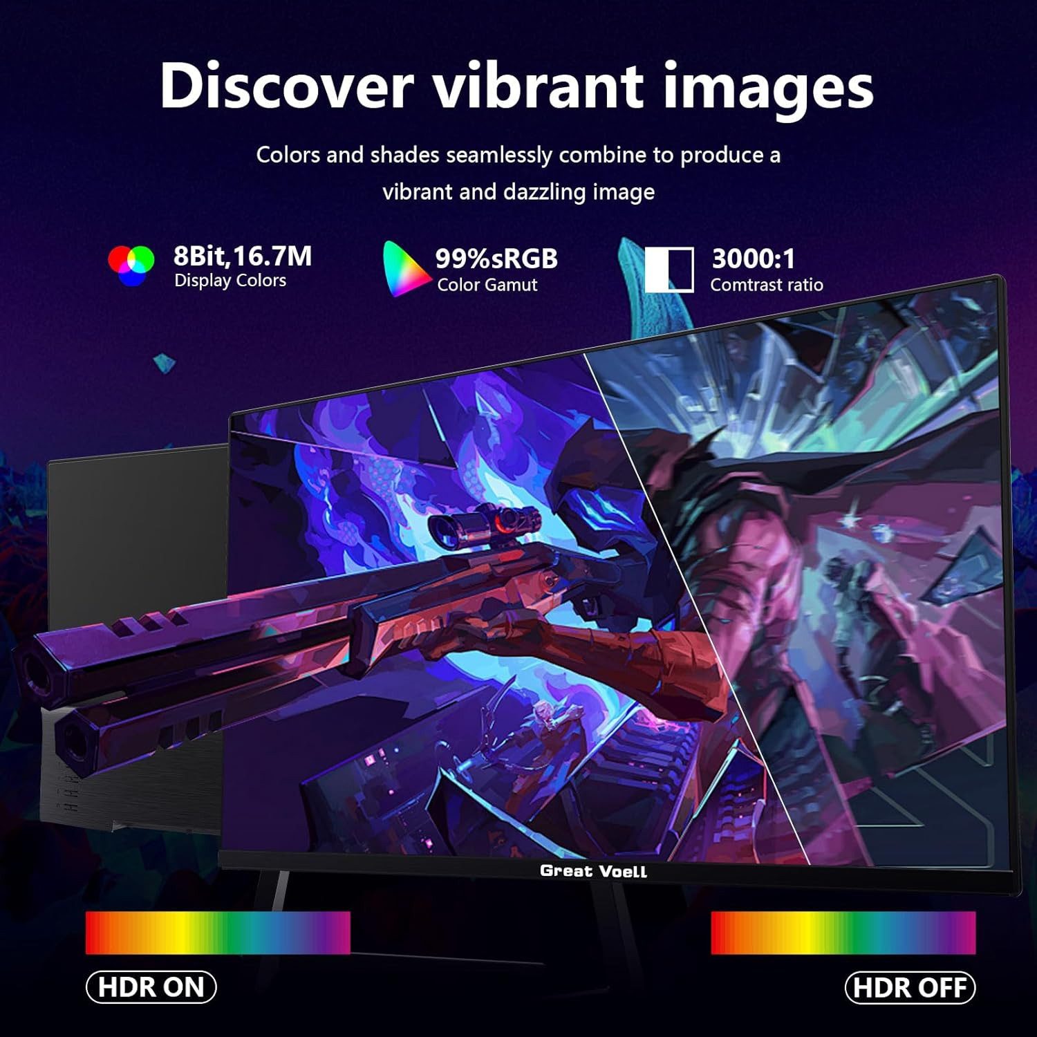 Great Voell 24 Zoll FHD-1080p-Monitor, AMD FreeSync, HDR, 180Hz Gaming-Monitor (60,5 cm/24 ", 1920 x 1080 px, FHD, 1 ms Reaktionszeit, 180 Hz, VA LED, FreeSync, HDR 10, Niedriges blaues Licht, 180Hz, 1080px)