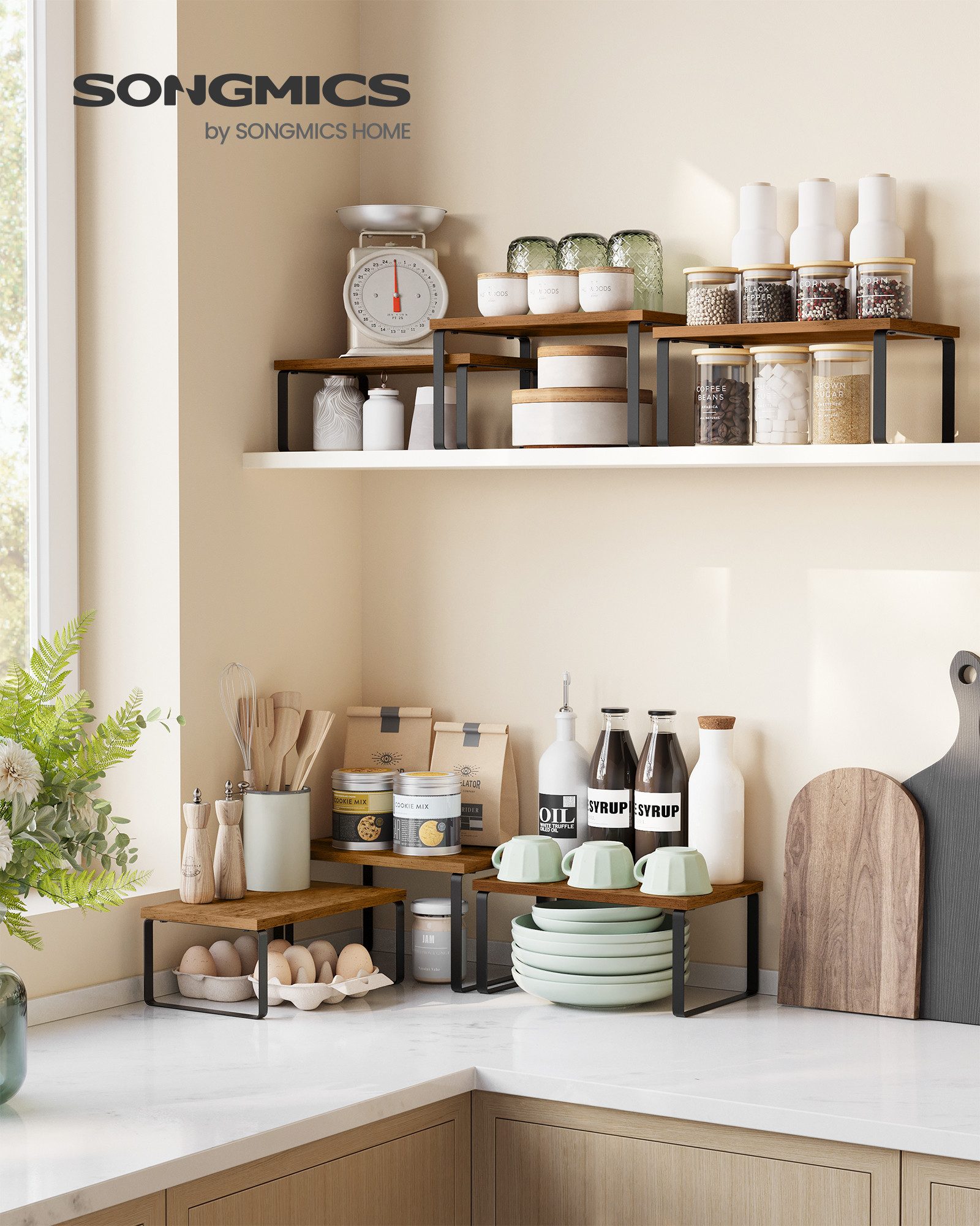 SONGMICS Gewürzregal Küchen-Organizer, Küchenregal, Schrank-Organizer Küche, kleines Regal, 3-tlg., erweiterbar, stapelbar, Metall und Holzwerkstoff – Bild 3 von 5