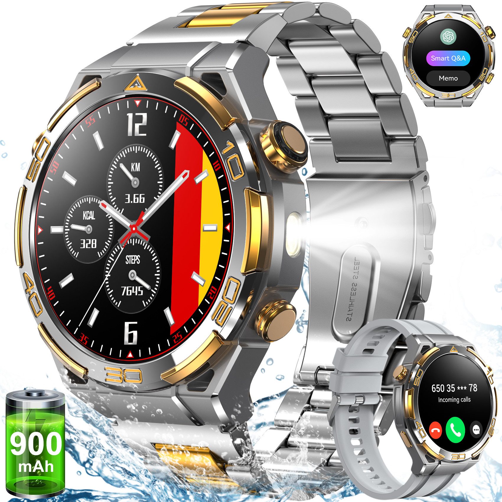 IOWODO GPS Herren-Smartwatch 2026,1,43" AMOLED, 14K Gold,900mAh Akku,Business Smartwatch (1.43 Zoll, IOS&Android) Set, 1-tlg., 2xRiemen (Metallarmband+Silikonarmband) und Ladekabel, 15 Tage Akku,Anrufe,HR,SpO2, Blutdruck, LED-Leuchte,2 Armbändern, IP68