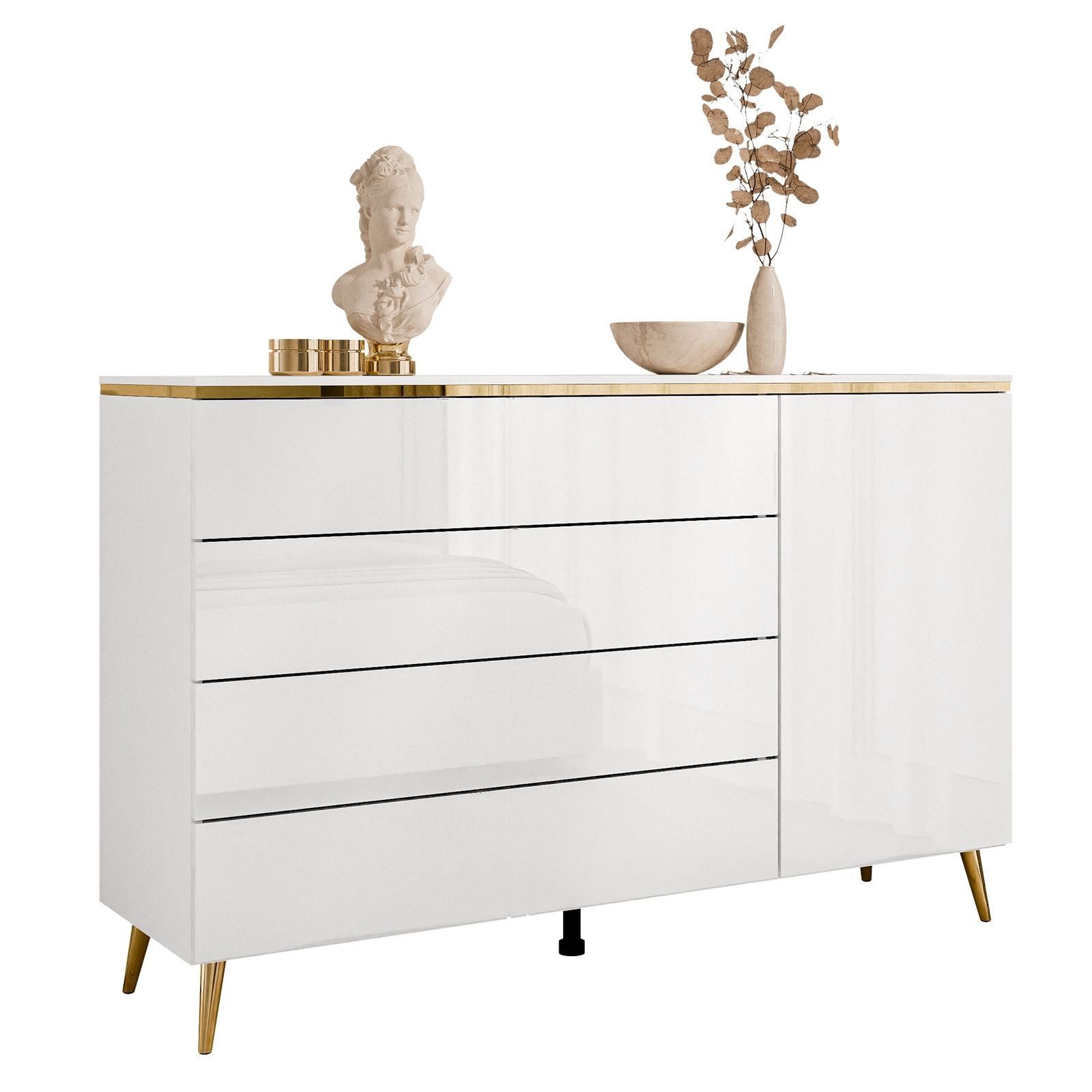 Kommode PEONY weiß Hochglanz Goldchrom Beine Schubladen Sideboard BERLIN