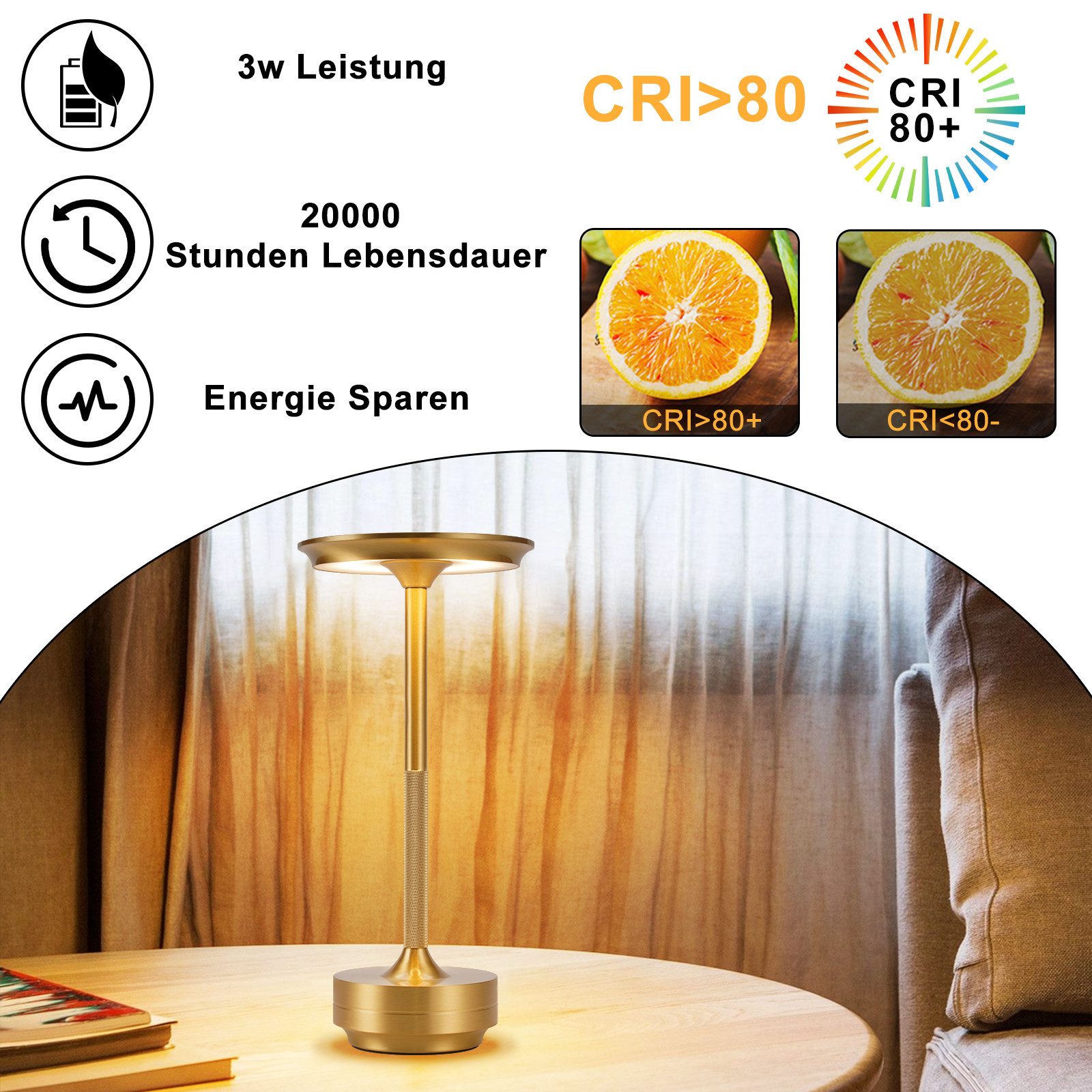 Nettlife LED Tischleuchte Nachttischlampe Kabellos Touch Dimmbar Tischlampe mit USB Aufladbar, Dimmbar, LED fest integriert, für Fensterbank Wohnzimmer Kinderzi – Bild 5 von 5