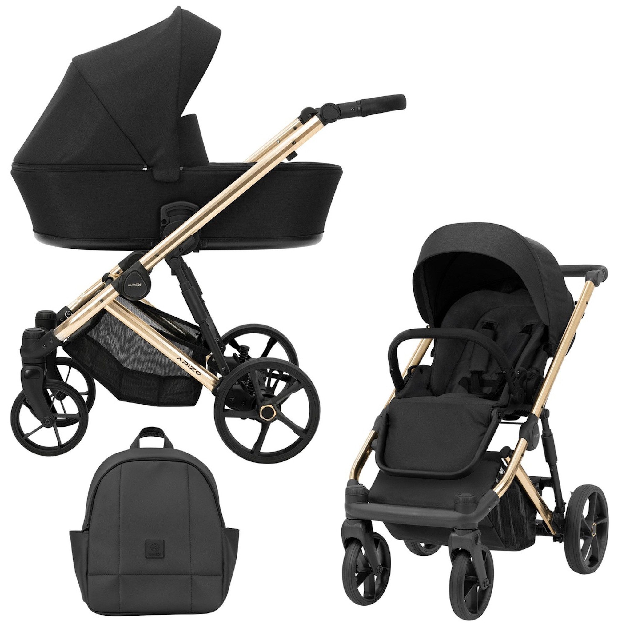 KUNERT Kombi-Kinderwagen ARIZO PREMIUM 2 in1 Kinderwagen mit goldenem Gestell und Zubehör, Leichter Aluminiumrahmen, verstellbare Rückenlehne