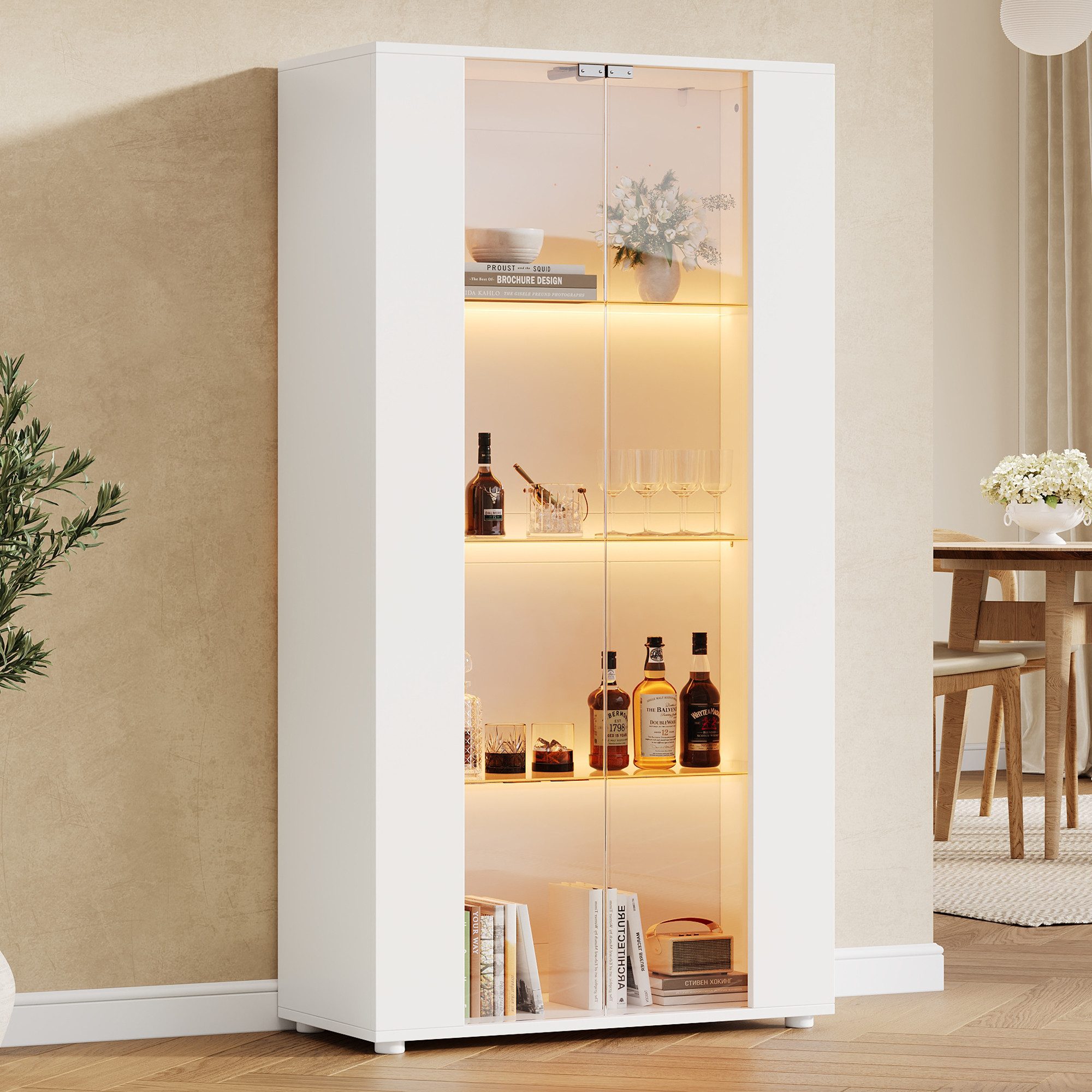 Flieks Glasvitrine Hochschrank mit LED-Beleuchtung, 2 Glastüren, 3 Glaseinlegeböden (80×36×150 cm, 4 Ebenen, 1-St., Standvitrine Eckvitrine für Wohnzimmer, Schlafzimmer, Arbeitszimmer) multifunktional Vitrine mit 4 Ablageflächen Mehrzweckschrank Weiß