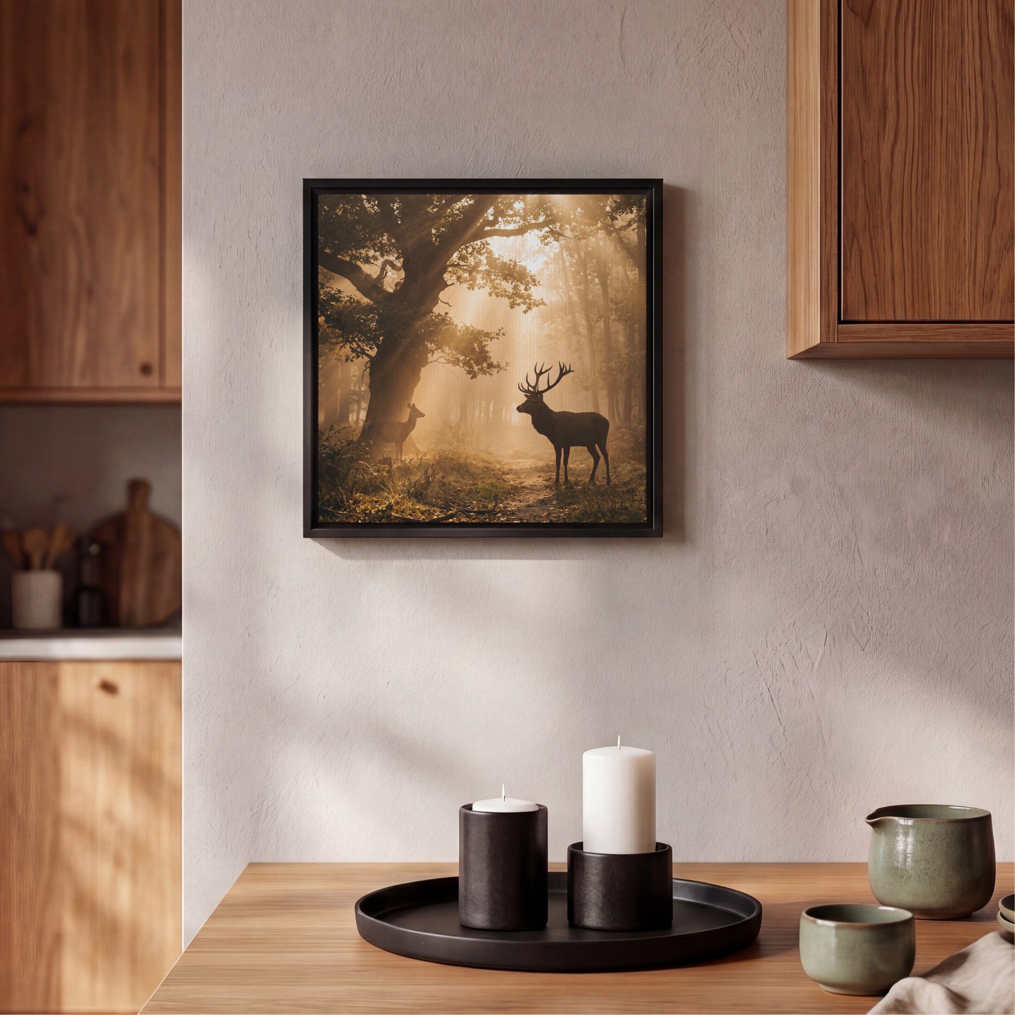 OneMillionCanvasses® Leinwandbild mit Rahmen - Hirsch - Wald - Neblig - Natur - Gold, Fotodruck (1 St), Leinwand Bilder Klein, Wand Dekoration Aesthetic 20x20cm