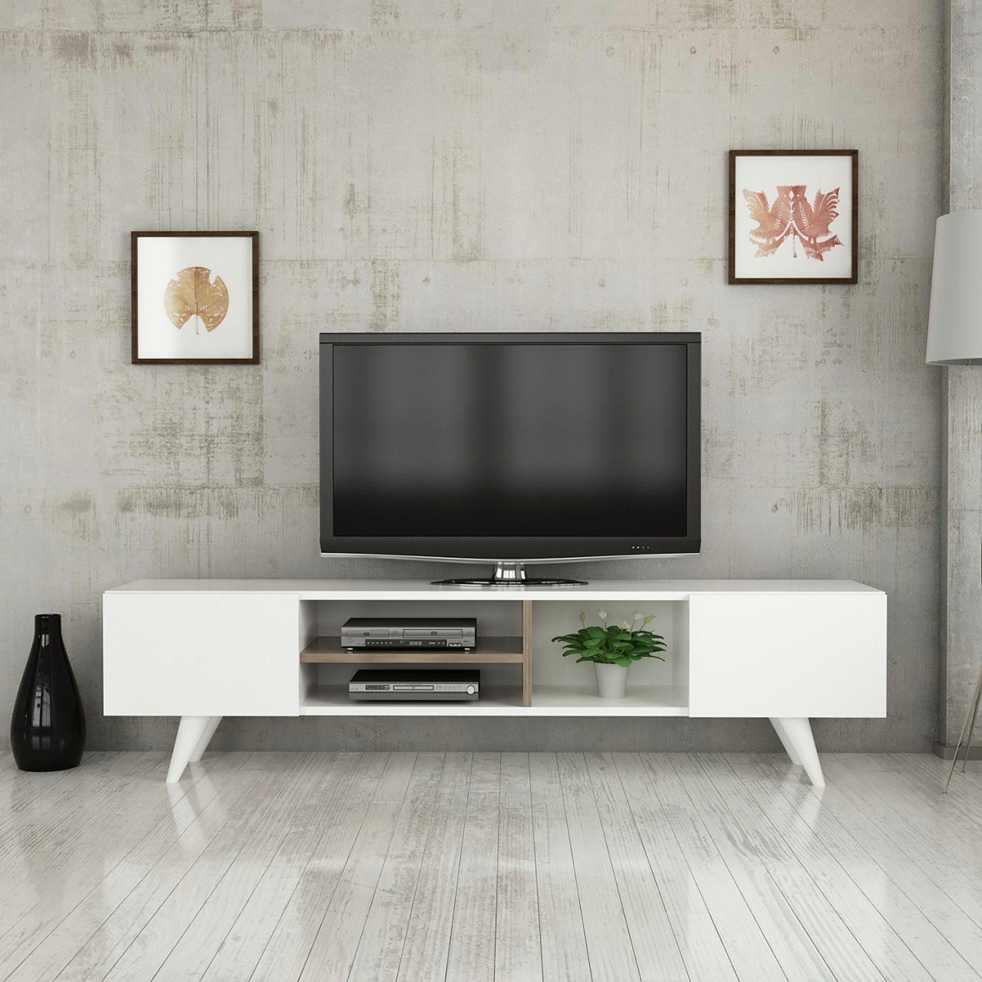 en.casa TV-Schrank »Assens« TV Bank 40x160x31cm mit 2 Klapptüren Weiß / Walnuss