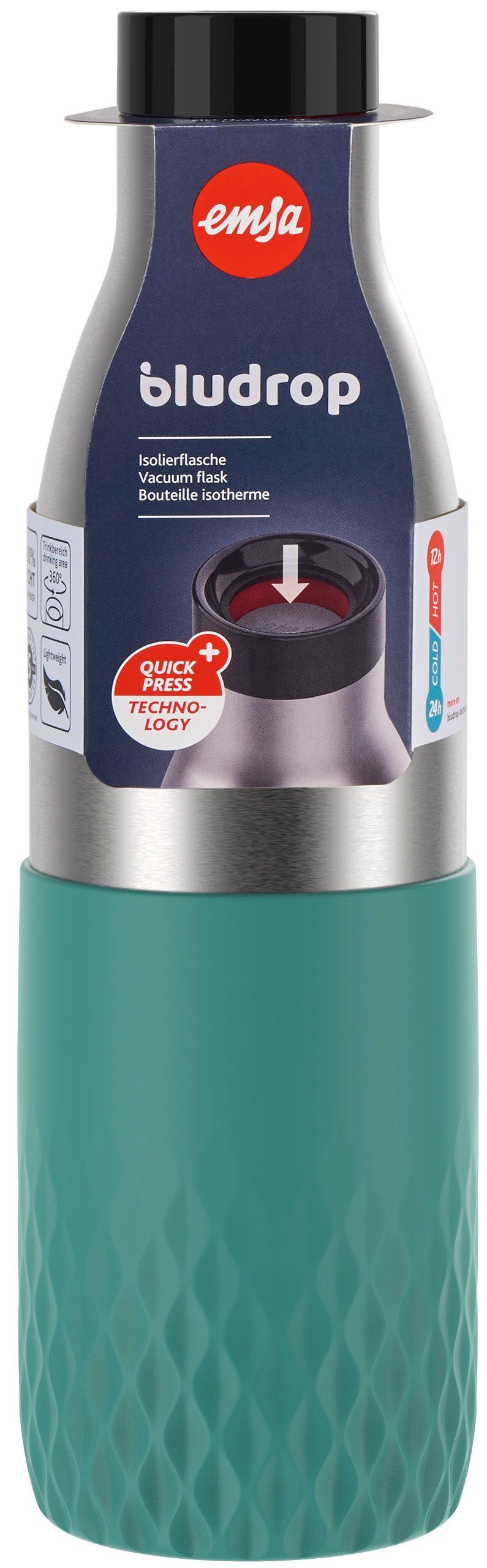 Emsa Trinkflasche Bludrop Sleeve, Edelstahl/Silikon, Quick-Press, 12h warm/24h kühl