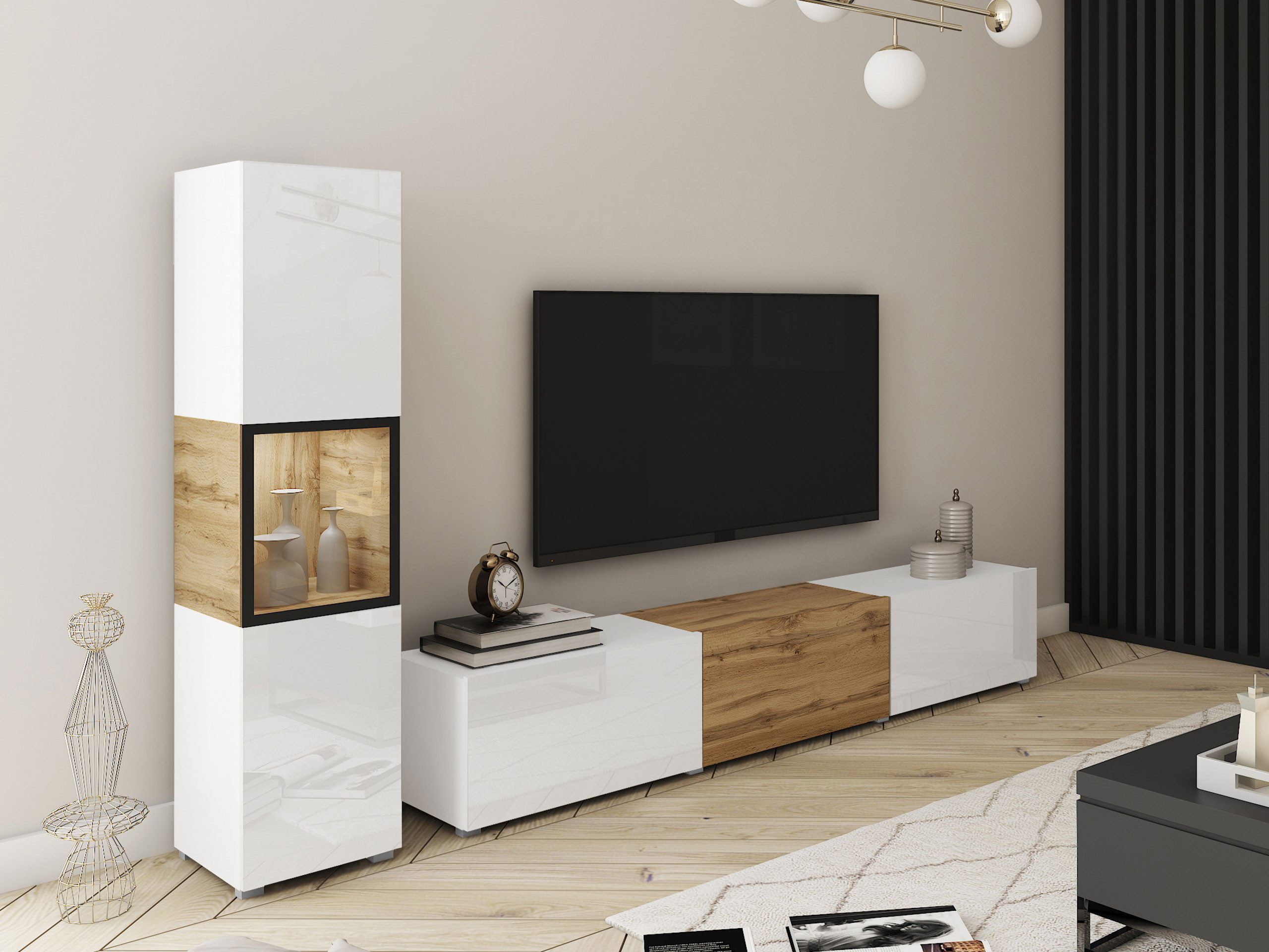 MIRJAN24 Wohnwand Berlin I, (2er-Set, Vitrine, TV-Lowboard), Beleuchtung als Option