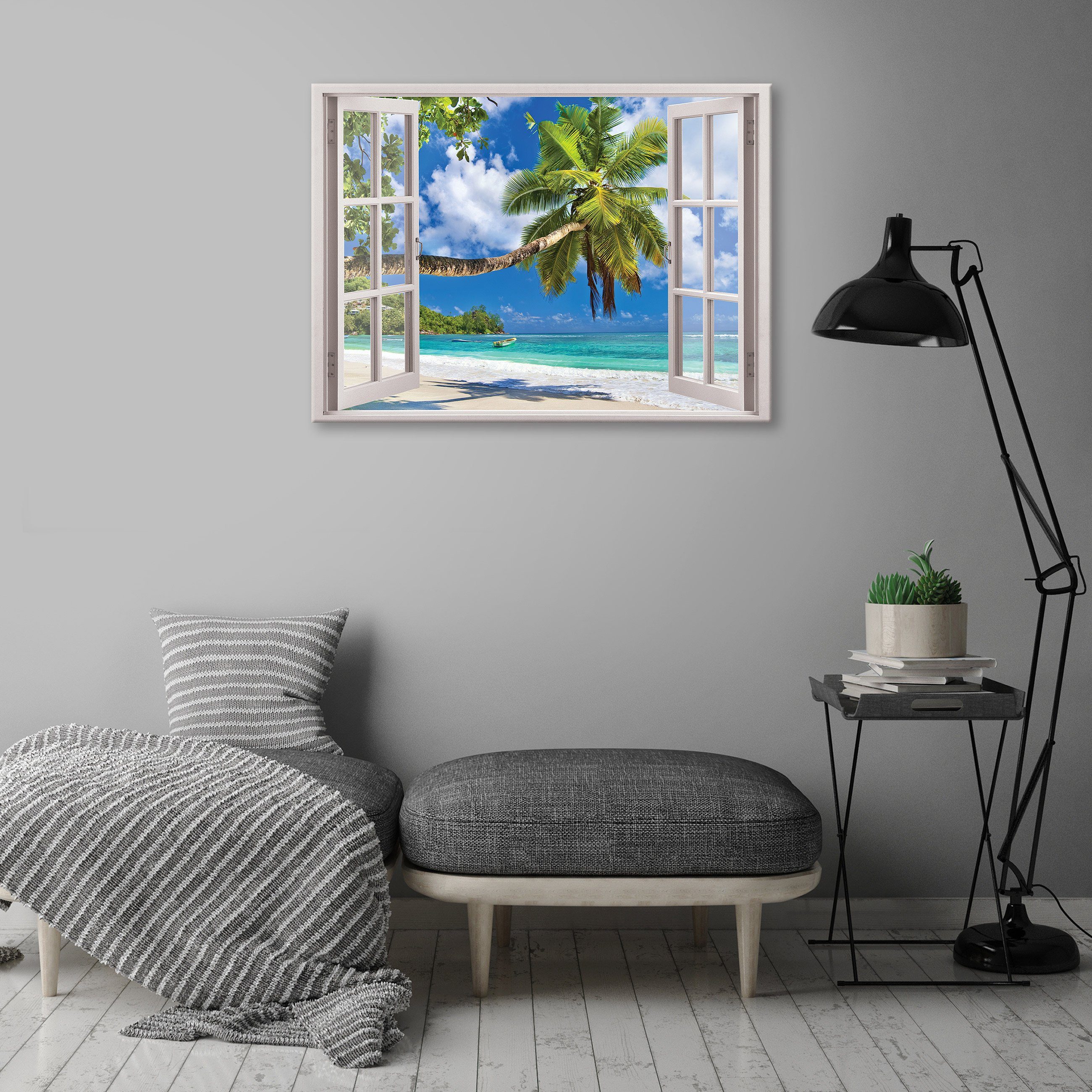 Wallarena Leinwandbild Fenster Strand Meer Palmen günstig online kaufen