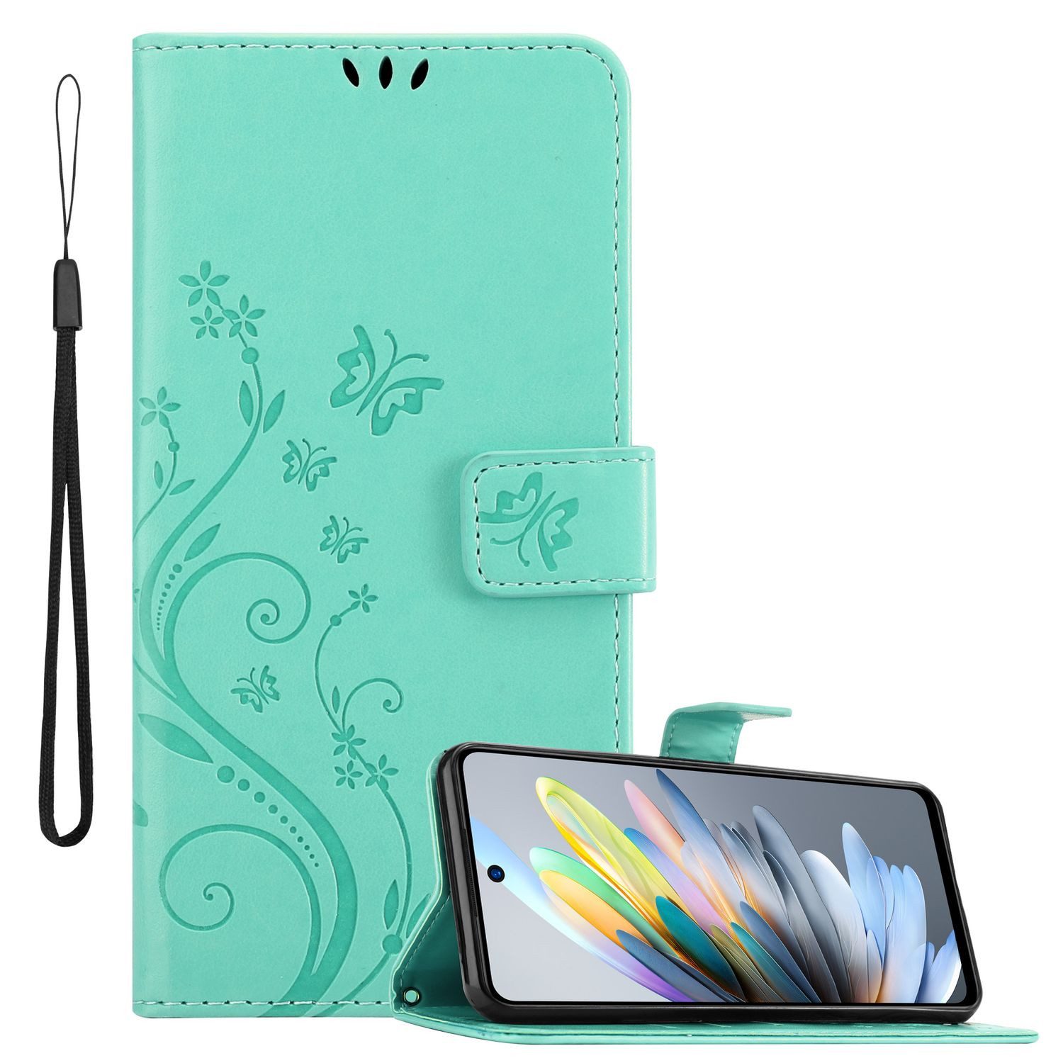 Cadorabo Handyhülle für ZTE Blade A75 4G Hülle ZTE Blade A75 4G, Hülle Schutzhülle Blumen Flower mit Standfunktion Kartenfach Magnet
