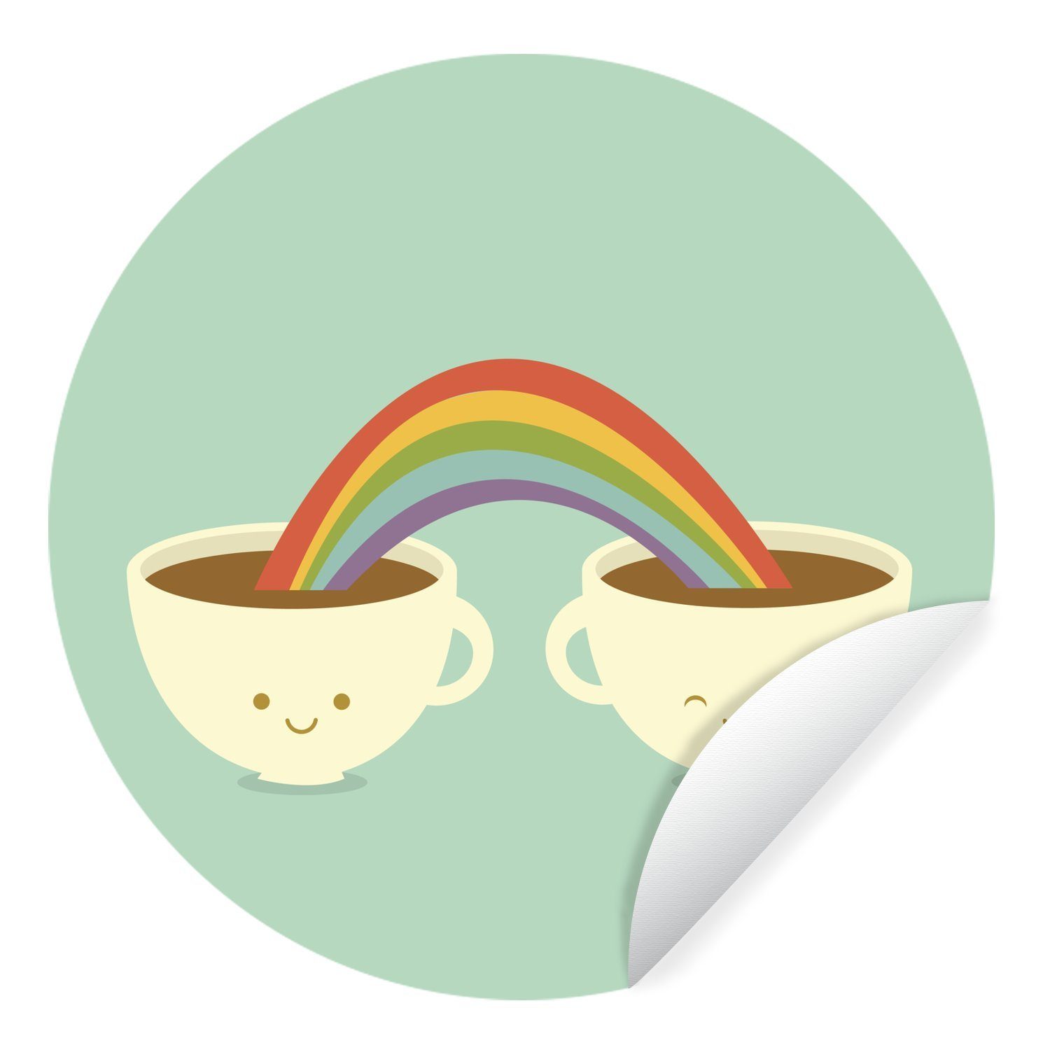 MuchoWow Wandsticker Eine Illustration eines Regenbogens über zwei Tassen Kaffee (1 St), Tapetenkreis für Kinderzimmer, Tapetenaufkleber, Rund, Wohnzimmer