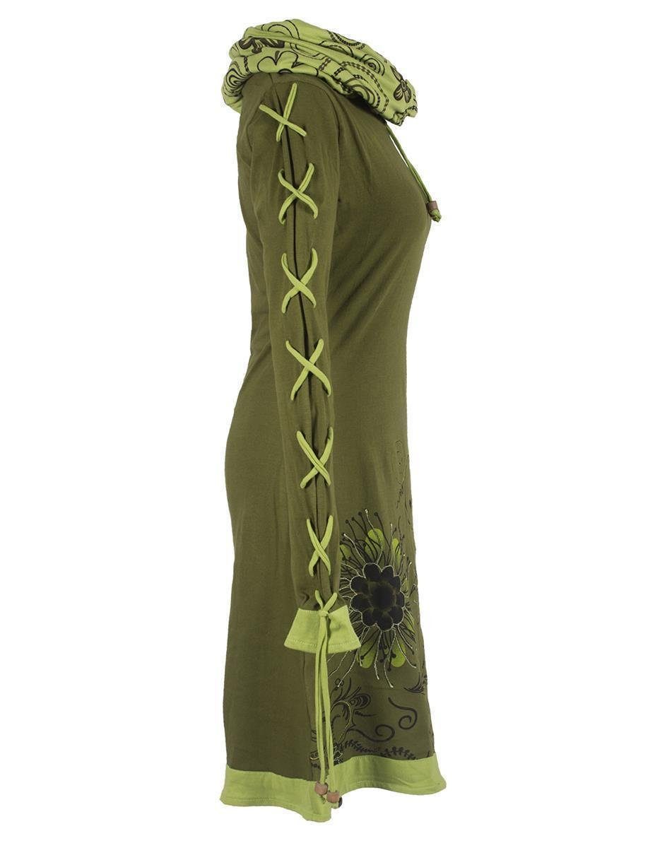 Midikleid Boho, Ethno, Schalkragen Style - Hippi, Blumen olive Kleid Vishes mit Bedrucktes Goa Schnüren