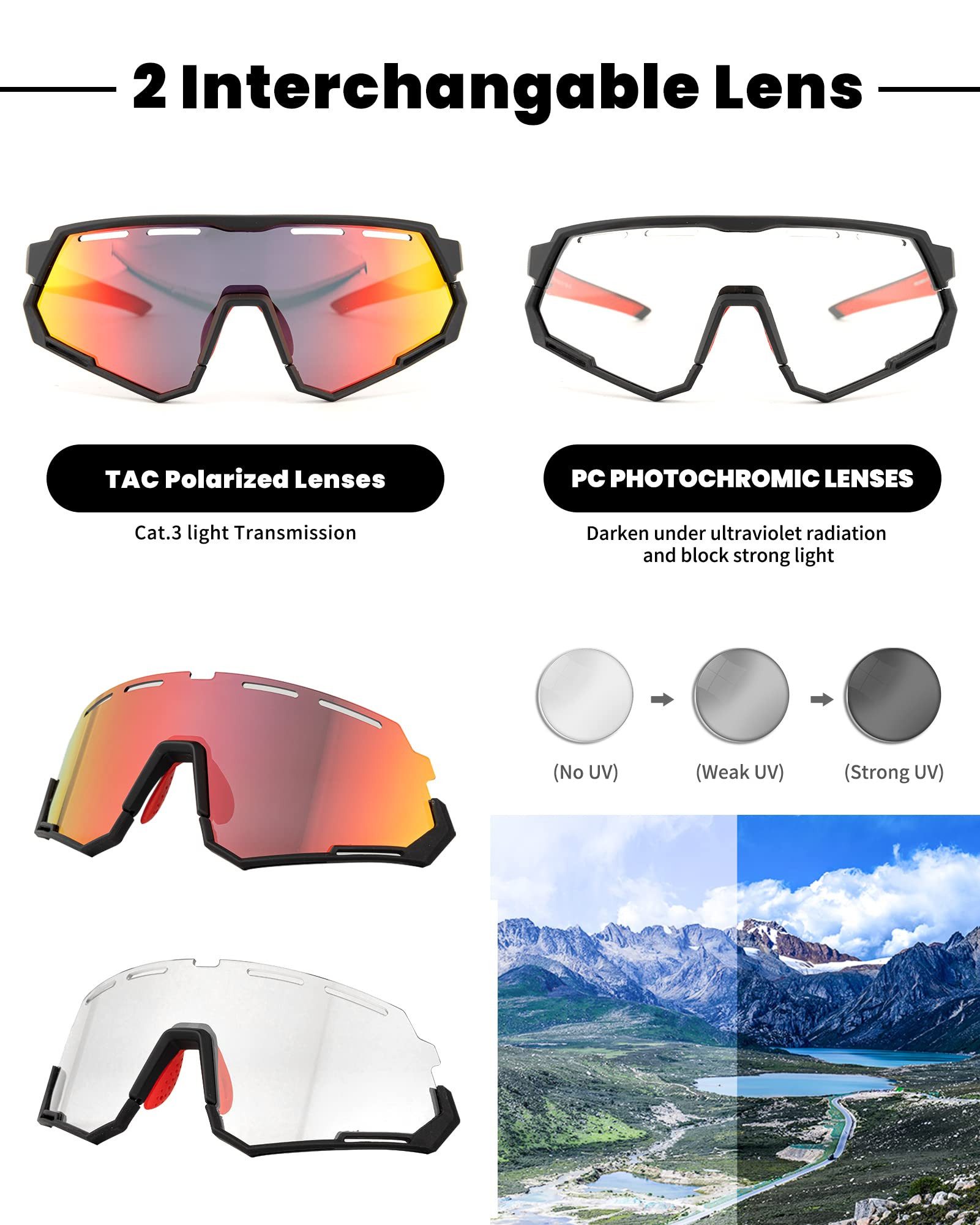 ROCKBROS Fahrradbrille Fahrradbrille 2 in 1 Sportbrille, (Sonnenbrille für Outdoor-Aktivitäten wie Radfahren Laufen Angeln Golf), Polarisierte/Photochrome Brill – Bild 4 von 5
