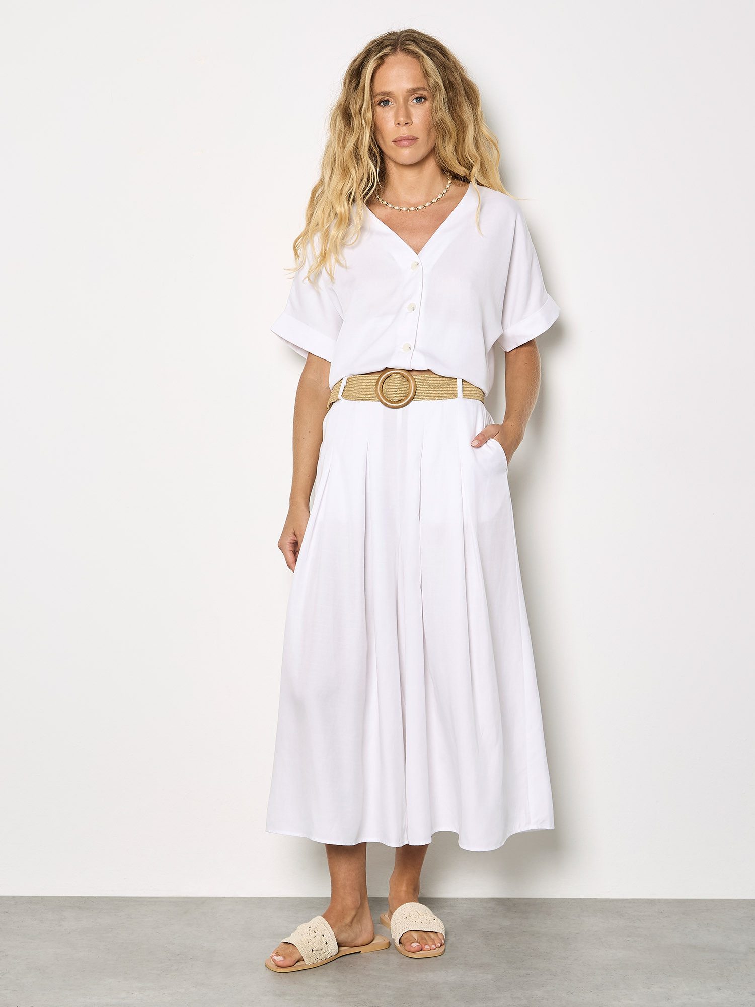 Apricot Blusentop Leichtes Shirt mit V-Ausschnitt mit Knopfleiste