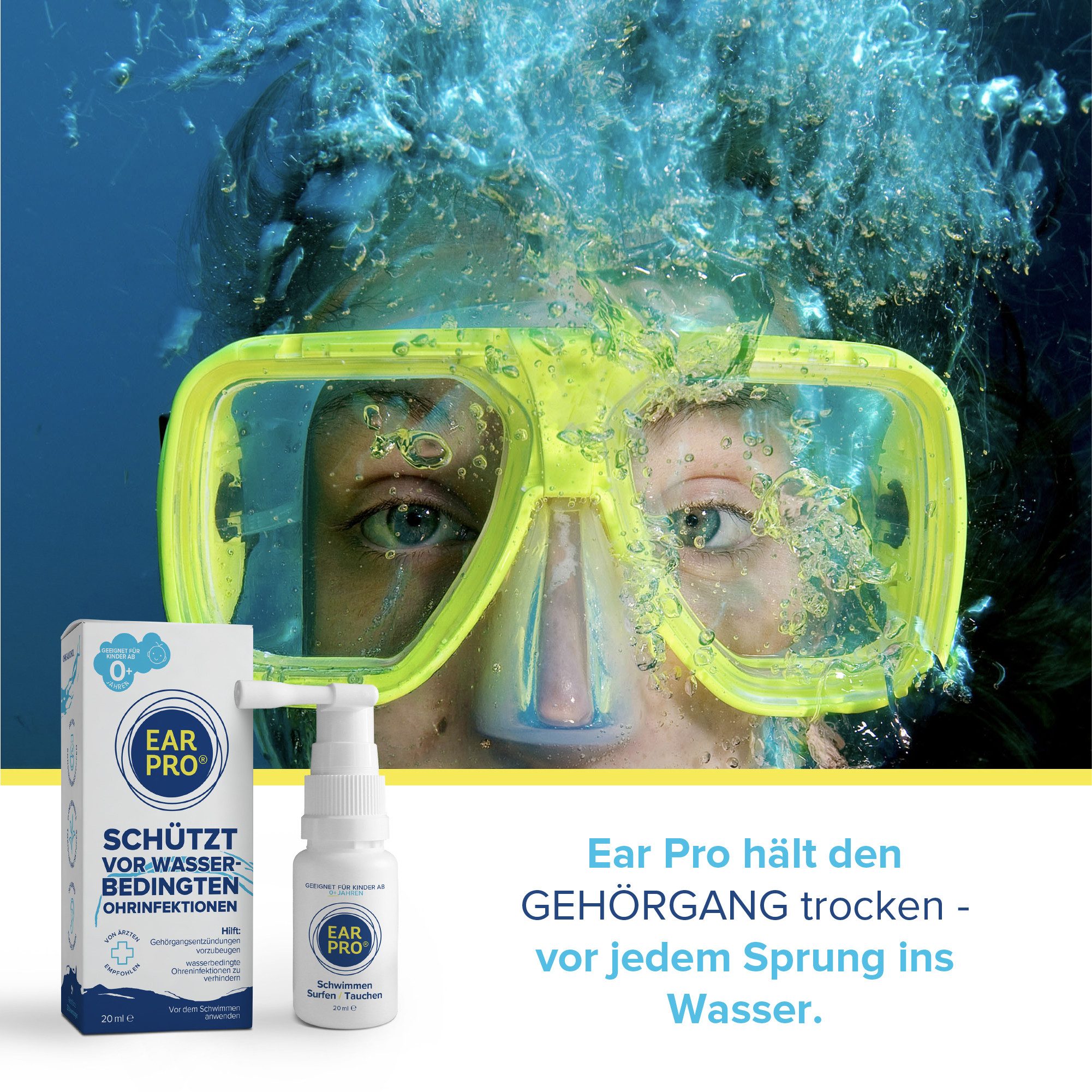 Ear Pro® Schwimm-Ohrstöpsel Ear Pro® Präventives und wasserabweisendes Ohrenspray, – Überzieht den Gehörgang mit einer wasserabweisenden Schicht