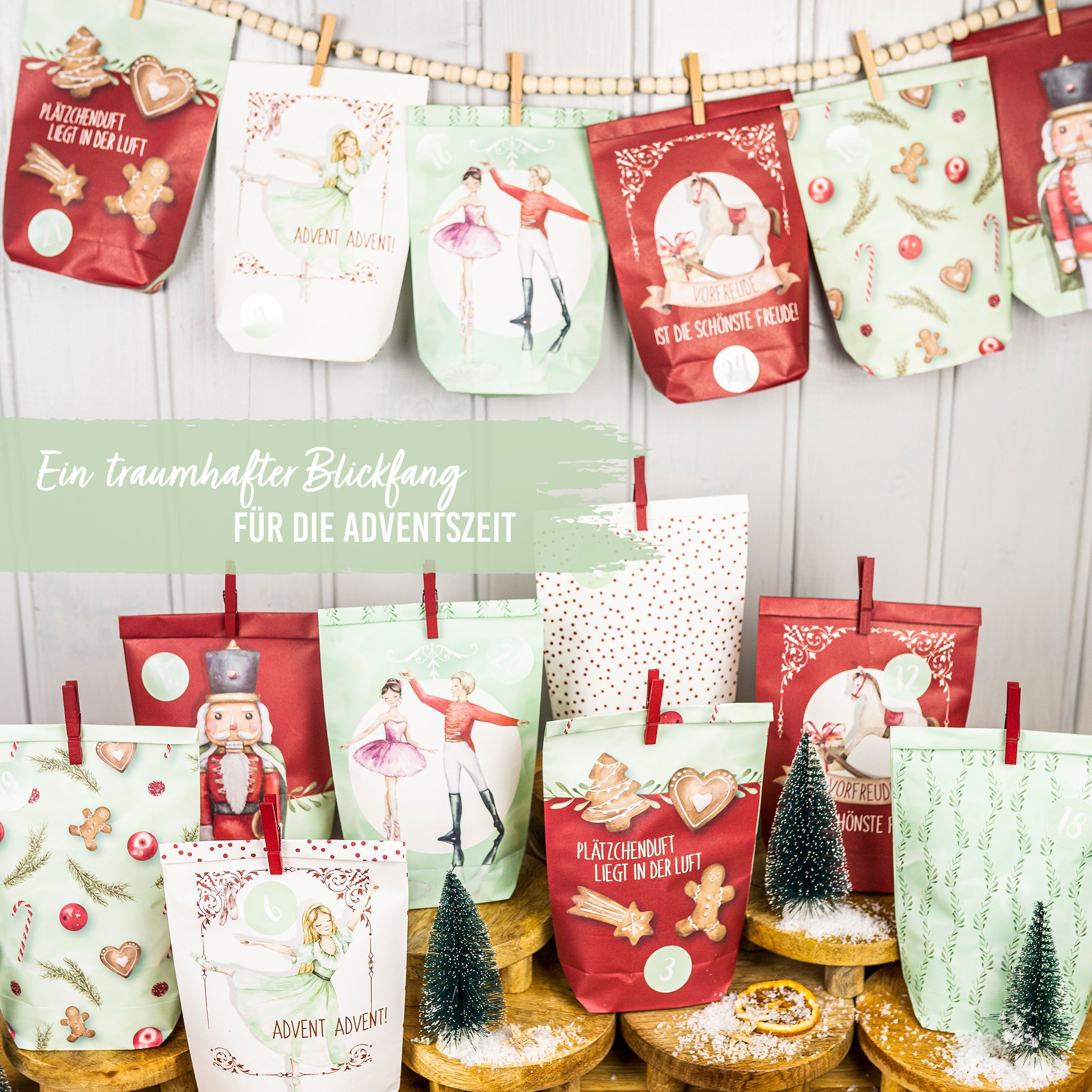 PAPIERDRACHEN befüllbarer Adventskalender Adventskalender mit bedruckten Tüten, Adventskalender zum selber befüllen