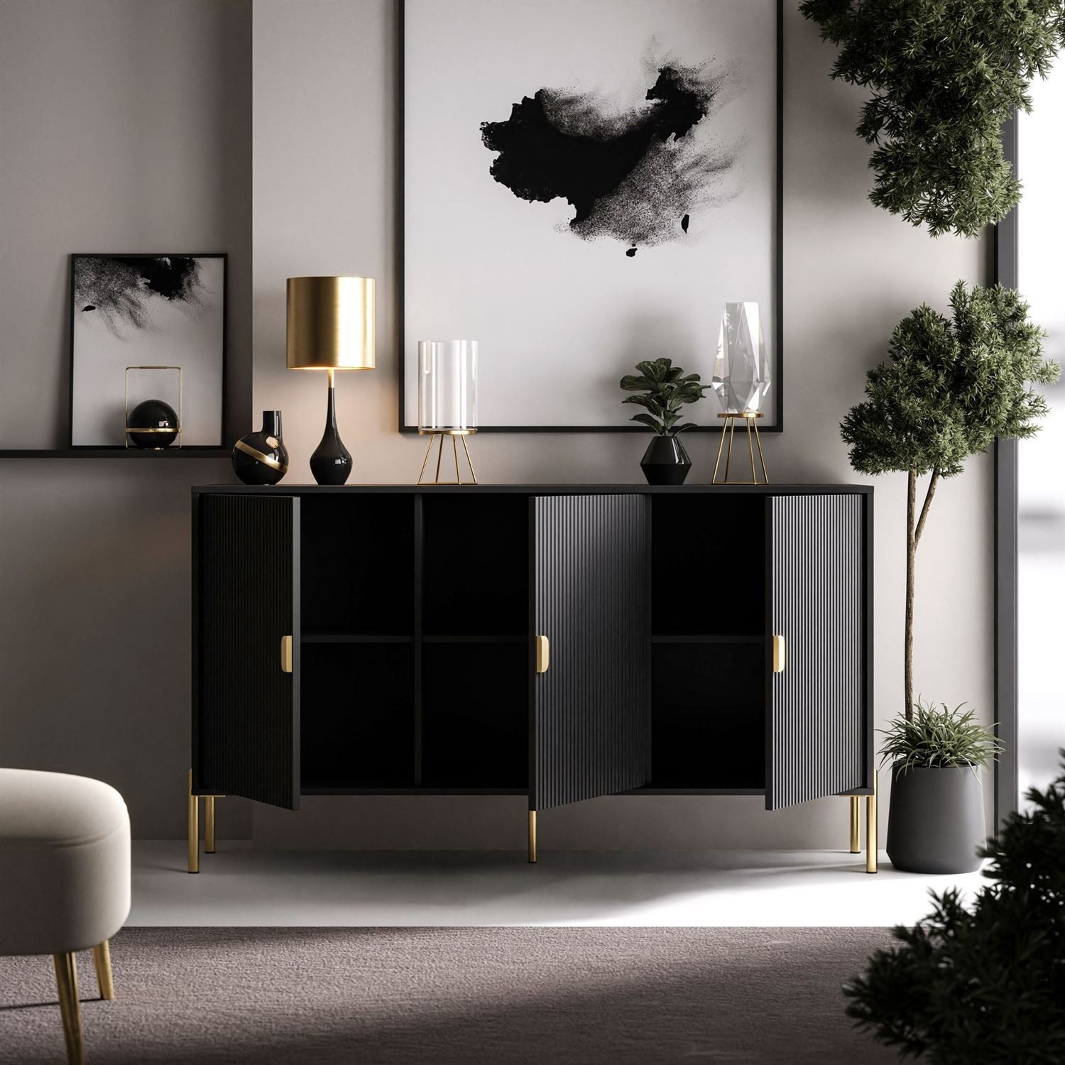 ALLHOUSE24 Kommode GRANDE geriffelte Front gold Beine und Griffe - Sideboard, Breite 154 cm