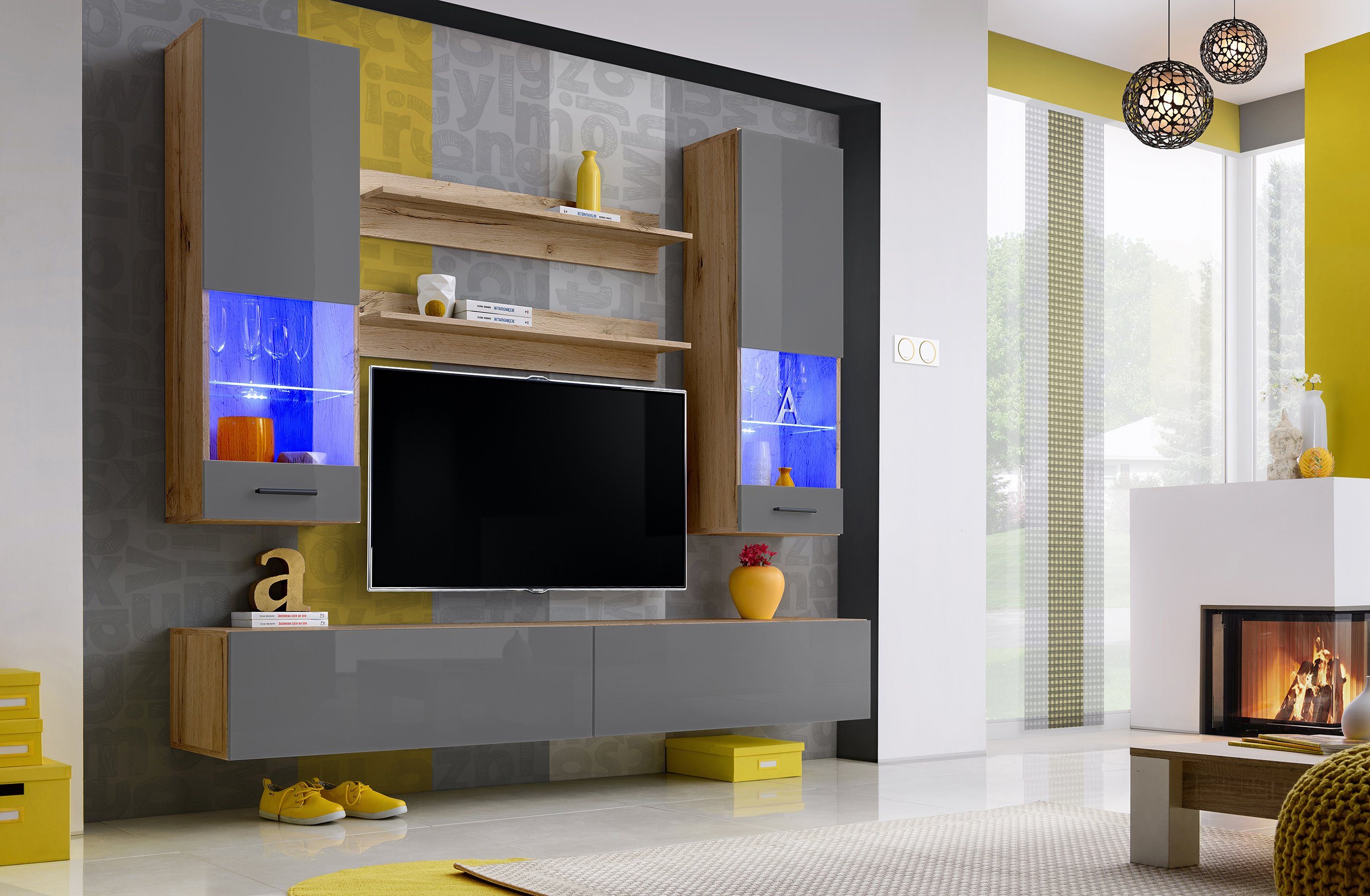 Stylefy Wohnwand Eaton I, (Wohnmöbel, Wohnzimmer-Set, Set (6-St), bestehend aus 2xHängevitrine, 2xLowboard, 2xWandregal, wahlweise mit LED-Beleuchtung, mit Glaseinsatz, variabel hängbar, Modern Design Wotan Eiche - Grau Hochglanz