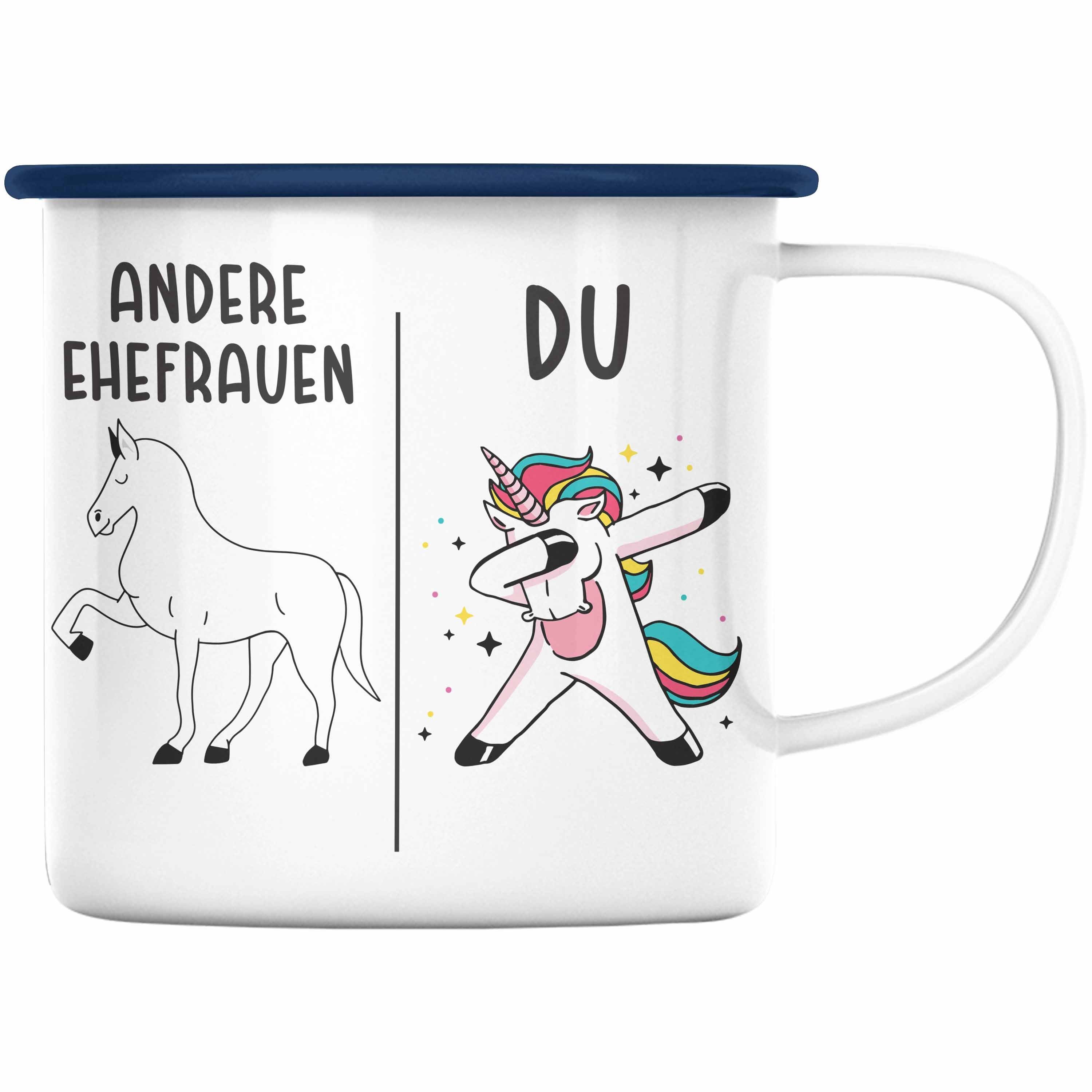 Trendation Thermotasse Trendation - Beste Ehefrau Emaille Tasse Geschenk Sprüche Geburtstagsgeschenk Geburtstag Blau