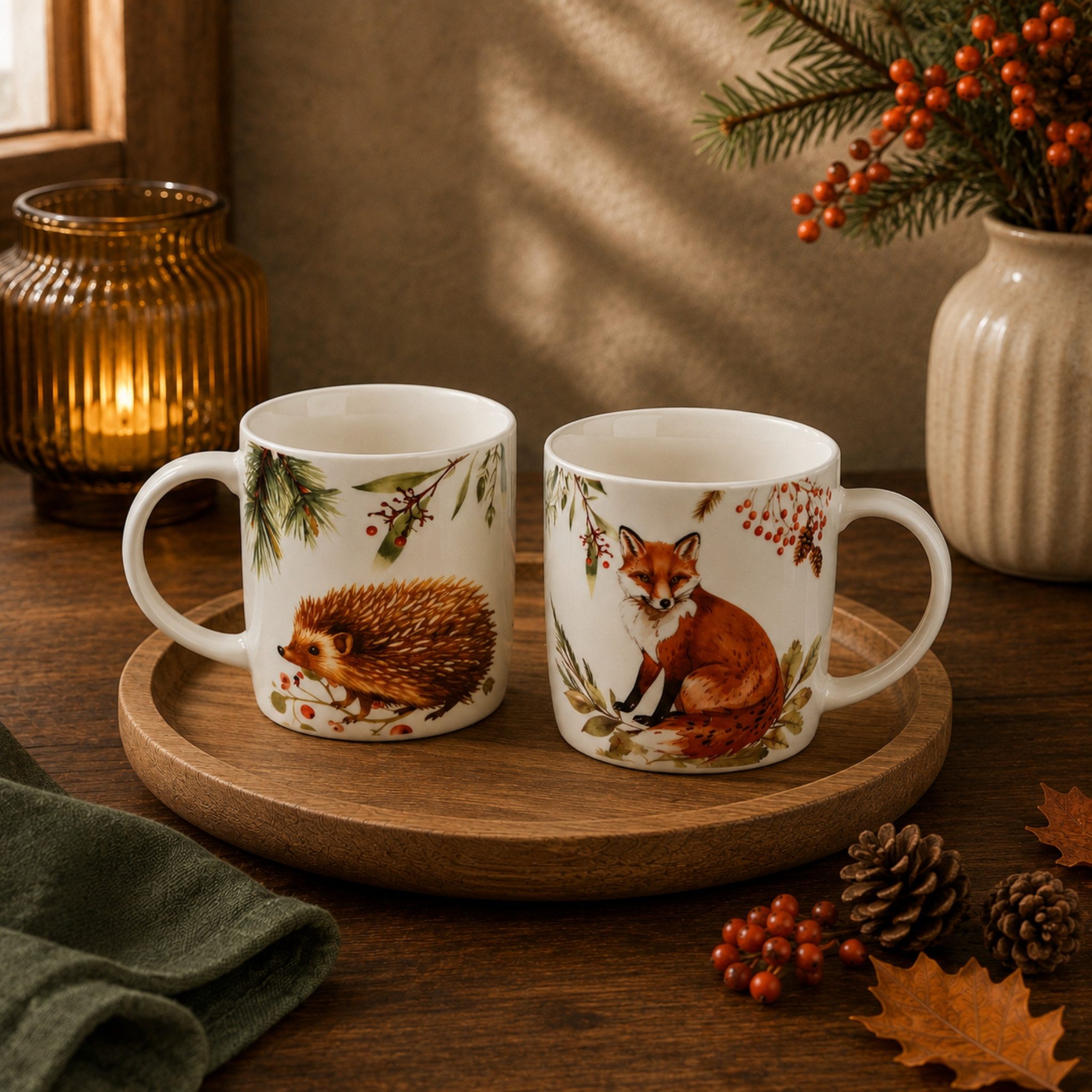 matches21 HOME & HOBBY Tasse Herbst Tassen Fuchs & Igel, 350 ml Kaffeetasse aus Porzellan, 2-tlg., Porzellan, Spülmaschinenfeste & Mikrowellengeeignete Teetasse