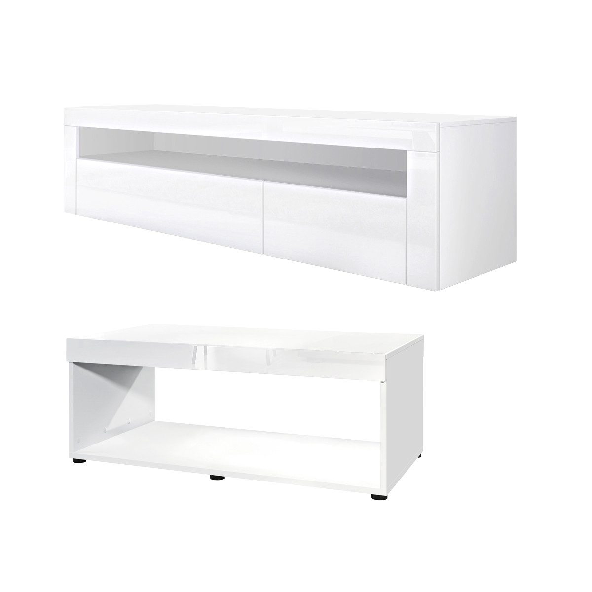 Vladon Wohnwand Berlin, (Wohnzimmer-Set, bestehend aus 1 TV Board und 1 Couchtisch), Weiß matt/Weiß Hochglanz