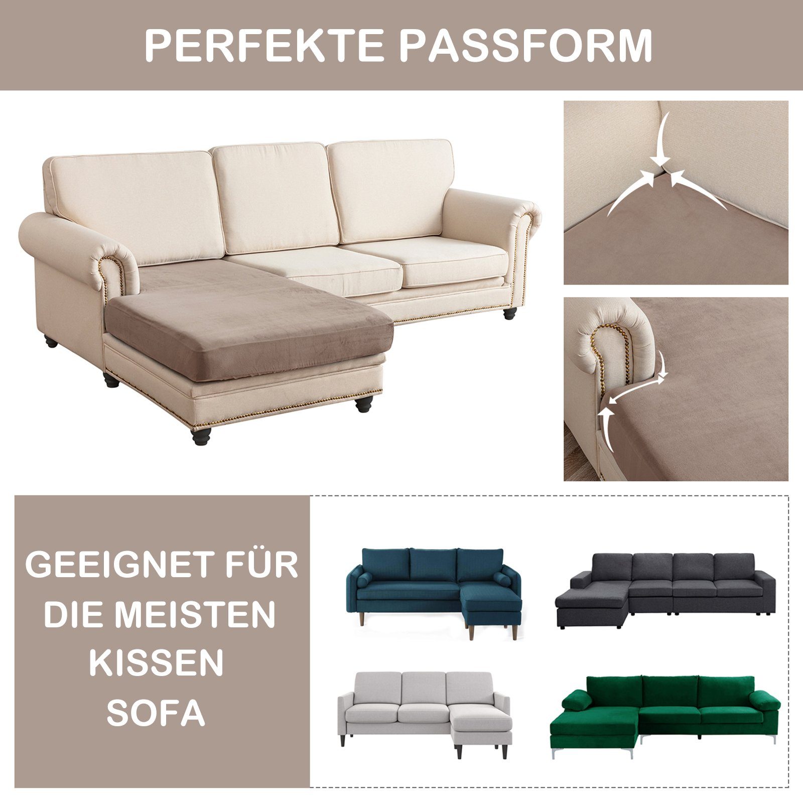 Taupe Plüschsamt, 1/3 Rosnek L-Sofa, für Sofahusse elastisch, Stück,