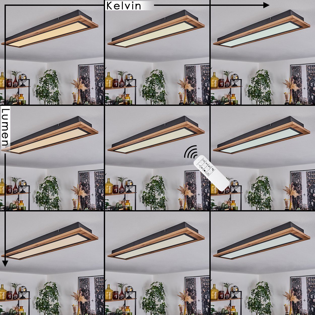 hofstein Deckenleuchte Deckenlampe aus Metall/MDF/Kunststoff in Schwarz/Holzoptik/Weiß, LED fest integriert, 3000 Kelvin, (80cmx 20cm), dimmbar über Fernbedienu – Bild 2 von 5