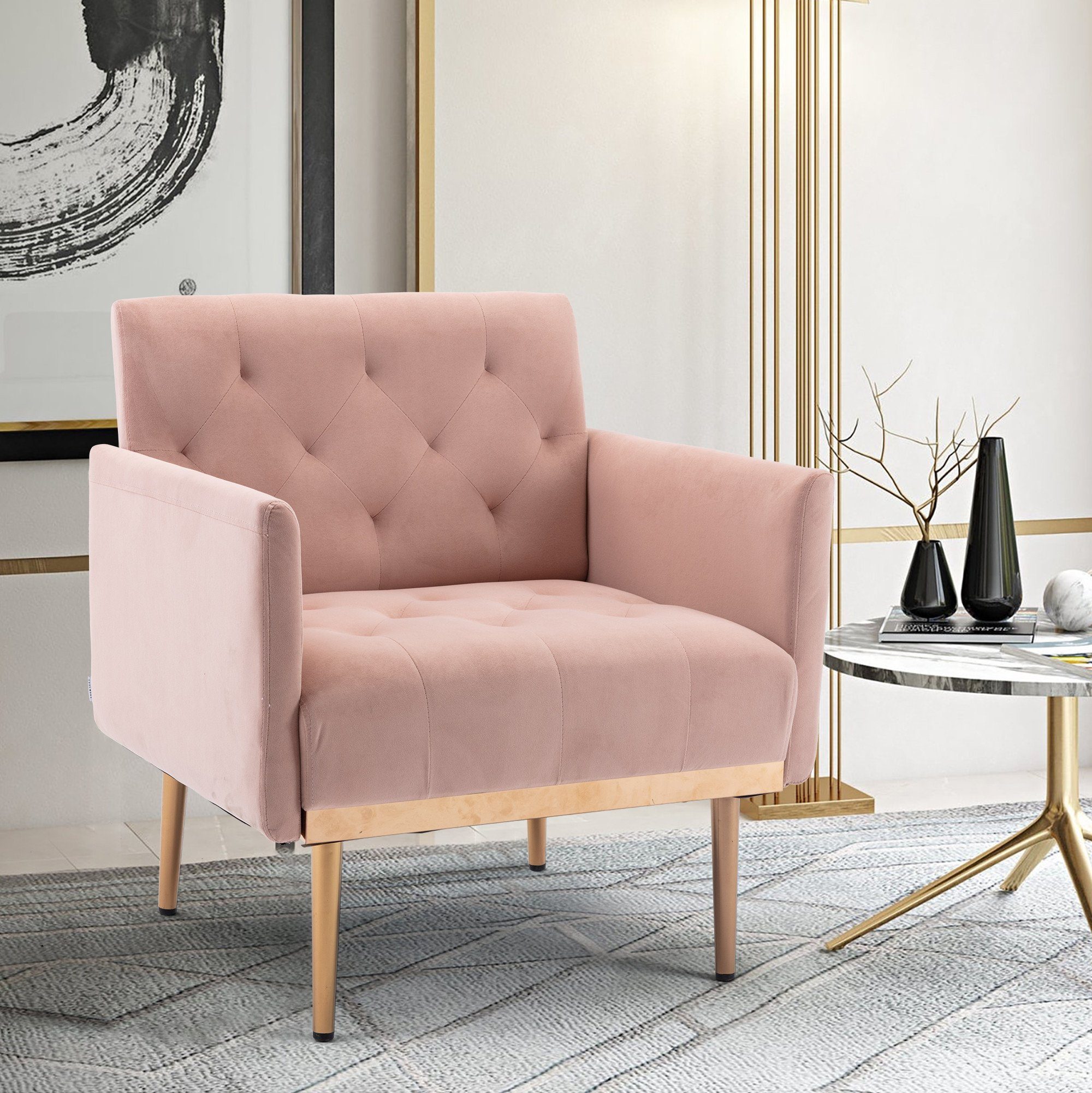 OKWISH Esszimmerstuhl Vierbeiniger Stuhl, Akzentstuhl, Freizeitsessel mit roségoldenen Füßen rosa