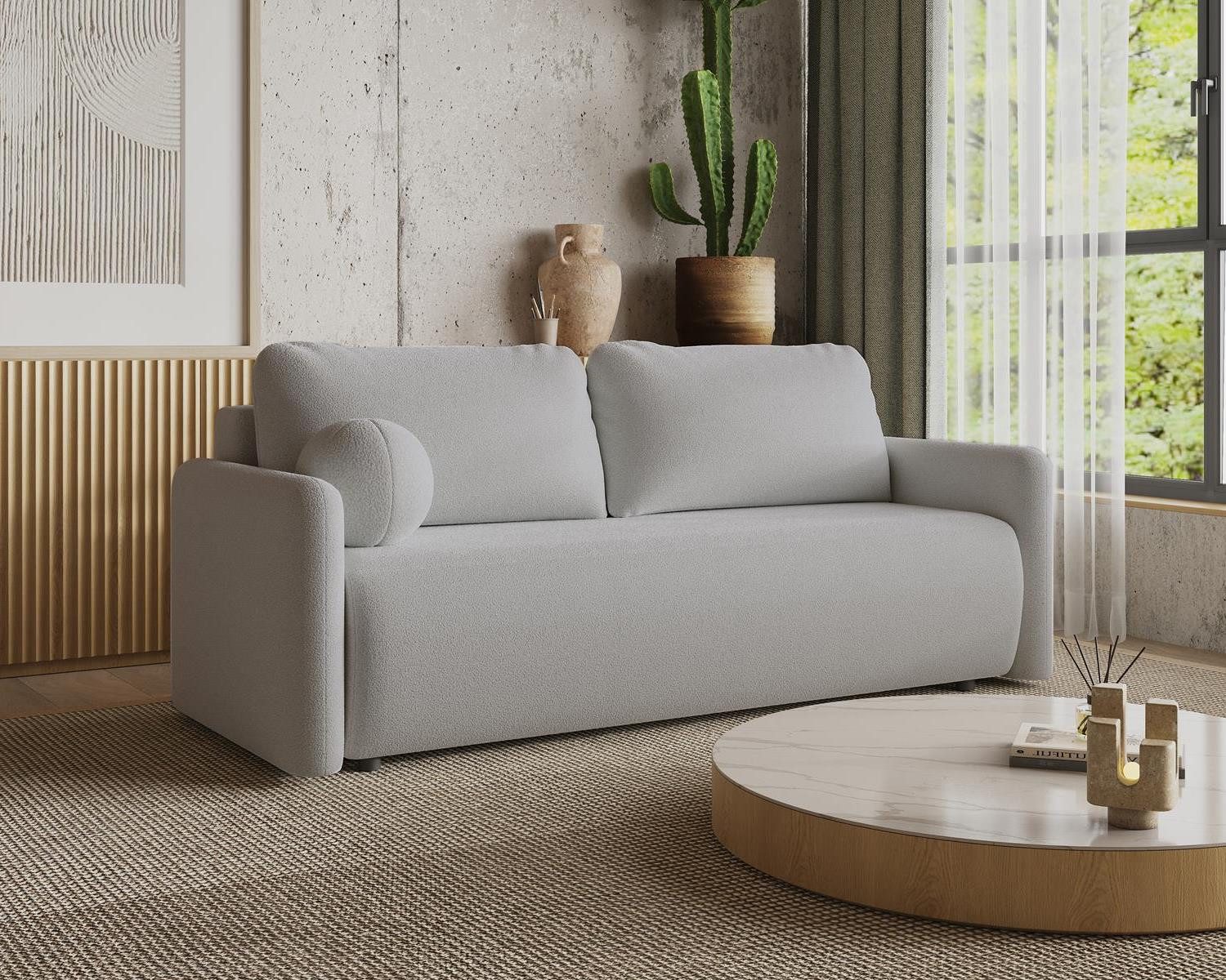 Compleo Schlafsofa boucle mit Bettkasten, Sofa modern 219 cm, Elegant design