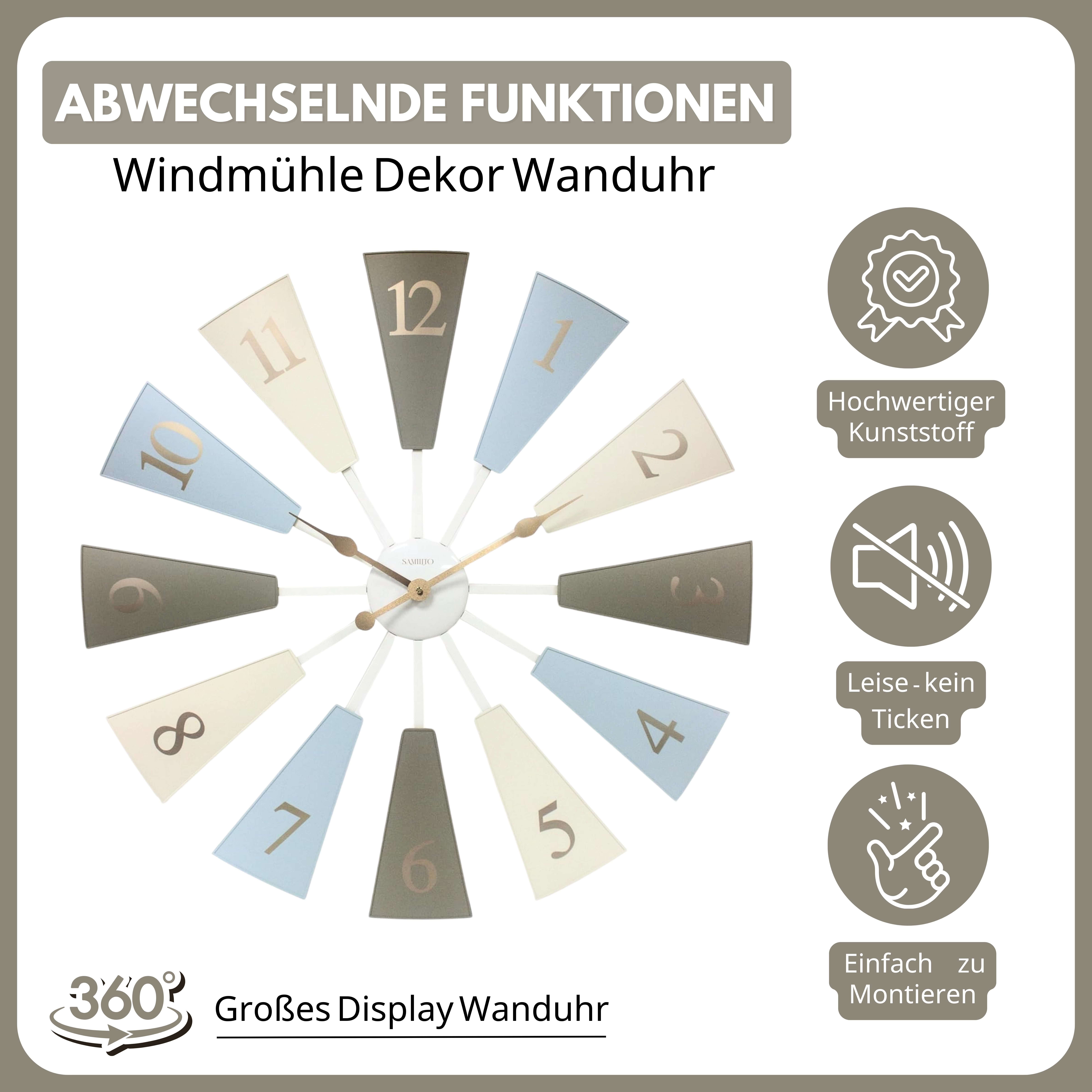 Samilito Wanduhr Große Moderne Bauernhaus-Windmühlen-Dekor-Wanduhr, verstellbare Größe