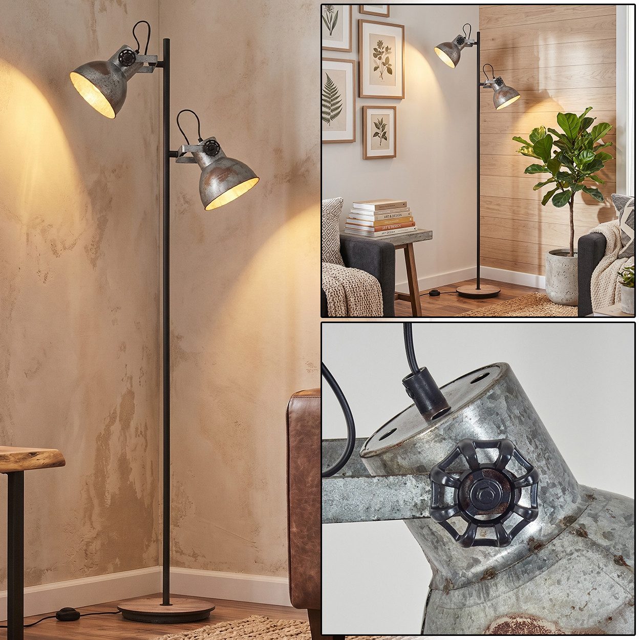 hofstein Stehlampe Stehlampe aus Metall/MDF in Schwarz/Holzoptik/Weiß/Rost/Stahl, 2 x E27, verstellbare Stehleuchte im Retro/Industrial-Design mit Fußschalter