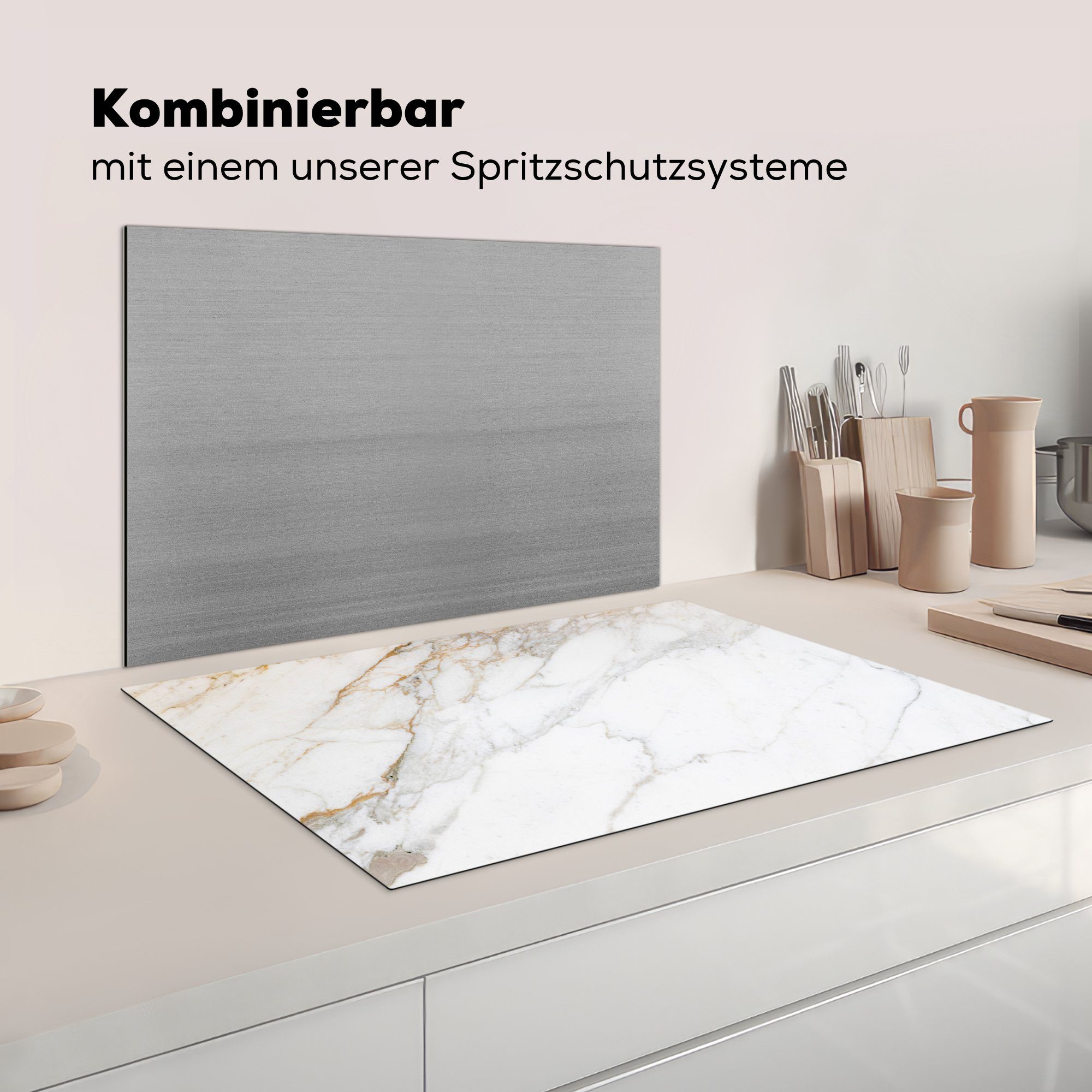 Marmoroptik Schutz - Vinyl, die MuchoWow 81x52 Luxus, - für - Marmor küche, - tlg), Induktionskochfeld Ceranfeldabdeckung Stein - cm, - Weiß Stein Herdblende-/Abdeckplatte Gold (1