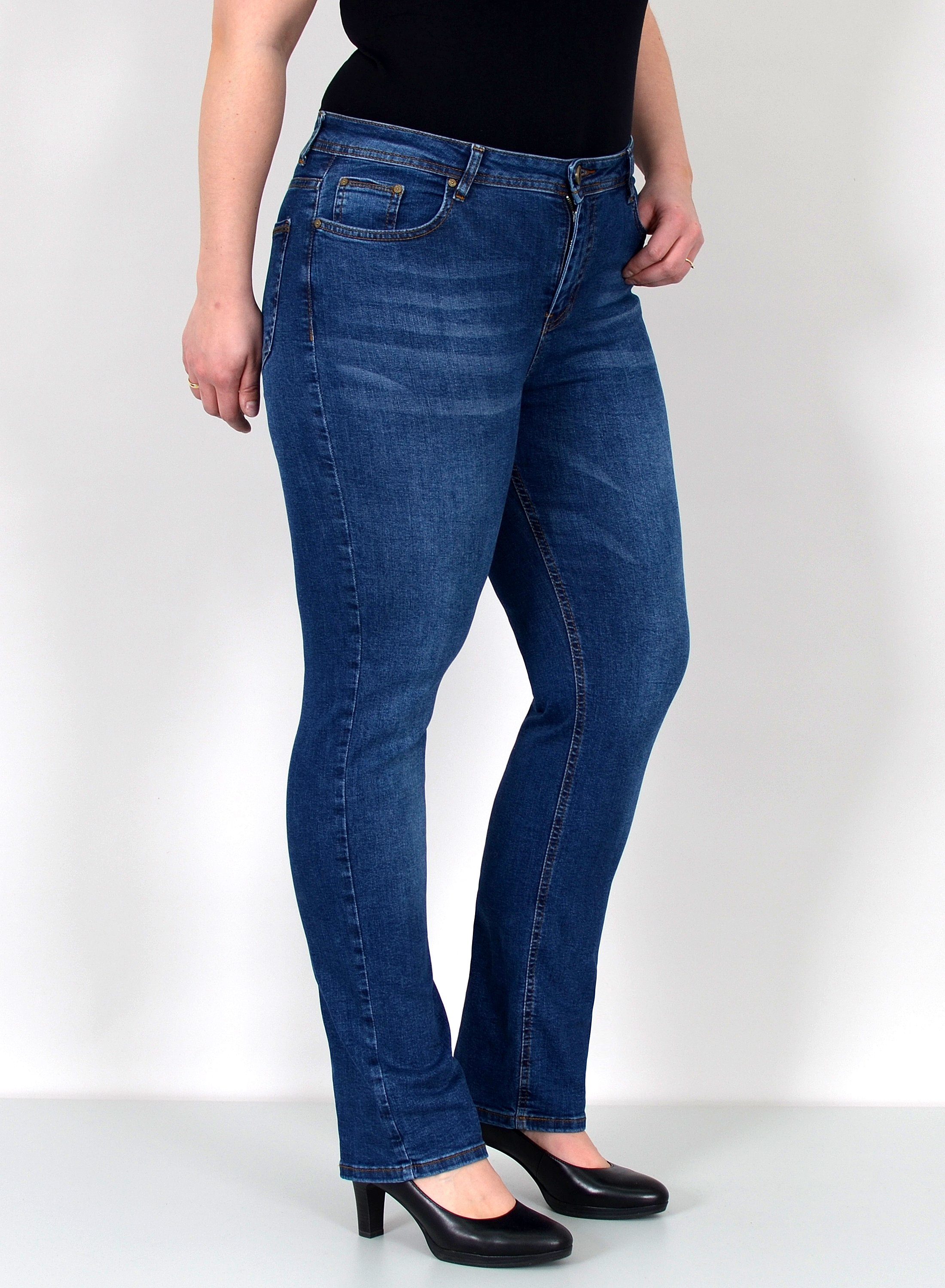 ESRA Straight-Jeans Gerade Schnitt Jeans hoher Bund mit Stretch bis Plus Size Übergröße Straight Jeans Damen High Waist Stretch Jeans Hose mit geradem Bein