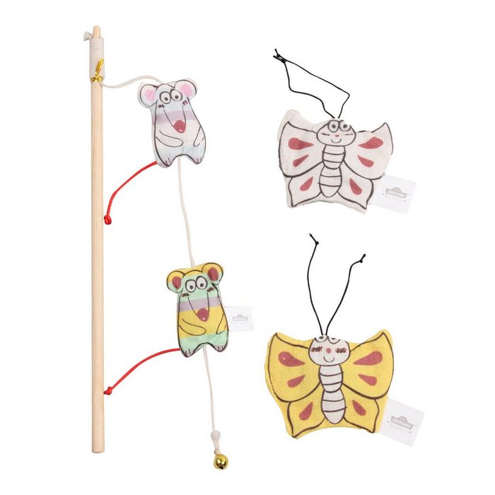 Dehner Tier-Beschäftigungsspielzeug Set Schmetterlinge/Mäuschen an der Angel bunt Holz