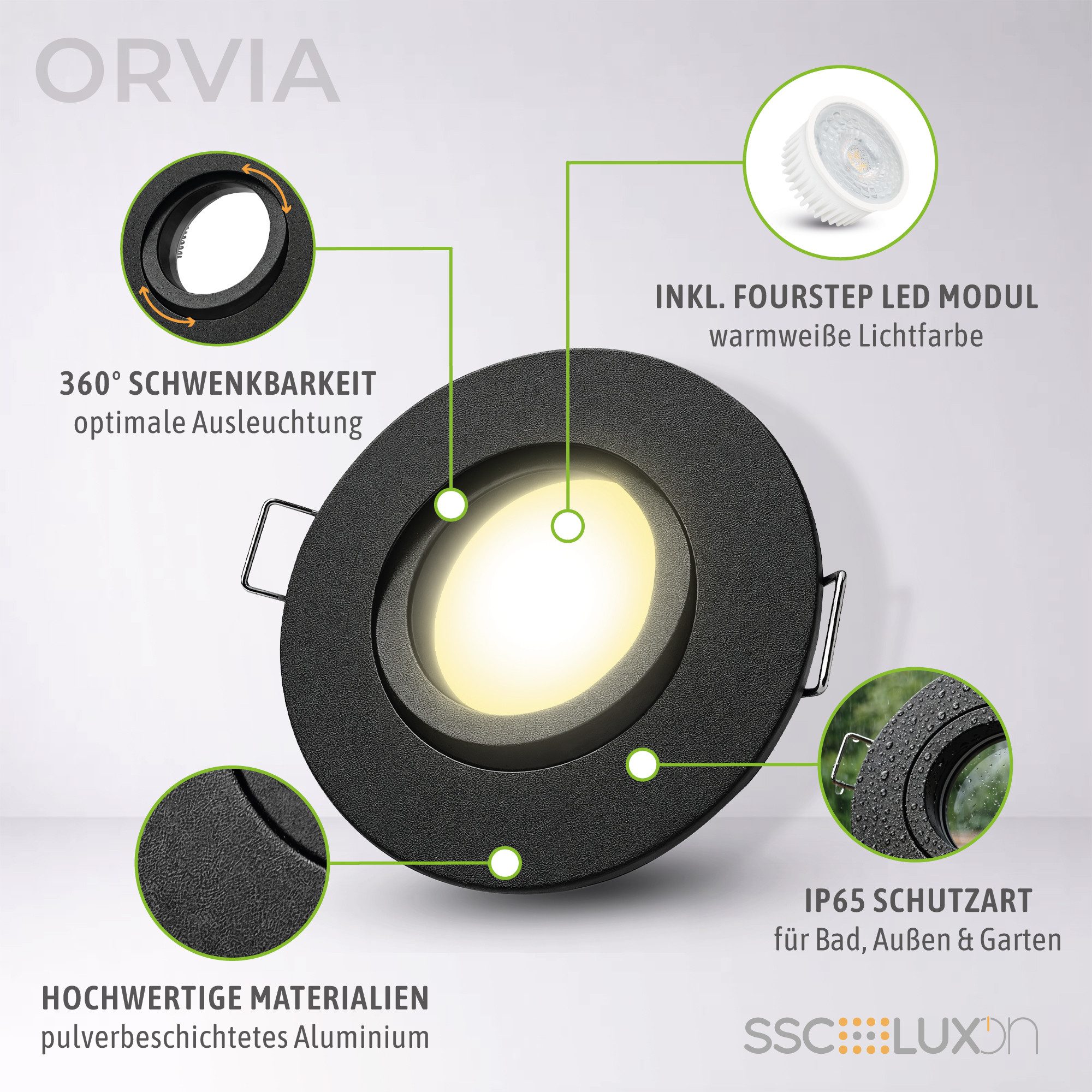 SSC-LUXon LED Außen-Deckenleuchte ORVIA Einbauspot schwenkbar IP65 mit LED Birne fourSTEP 4W warmweiß, Warmweiß