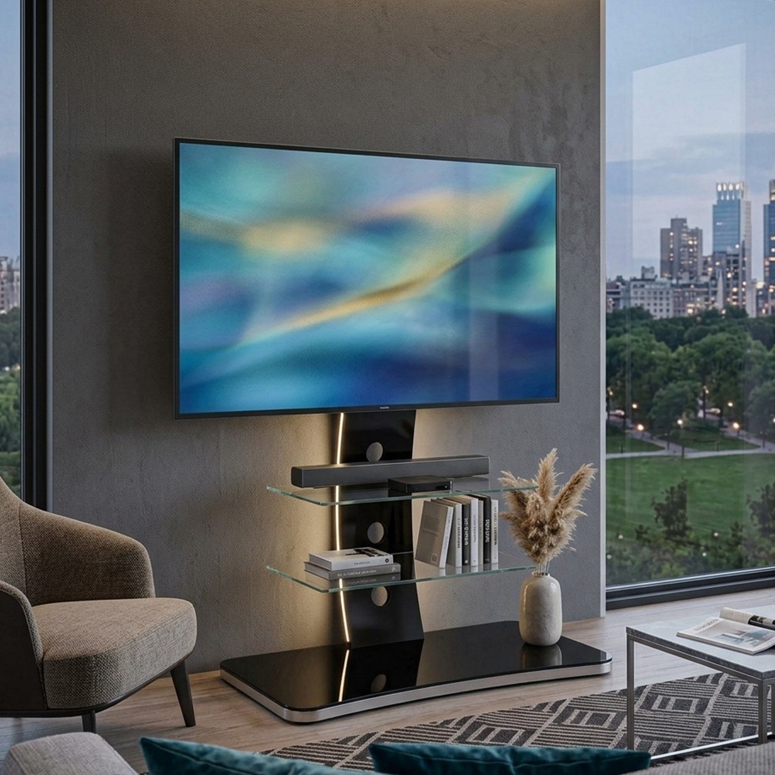 HOOZ TV-Rack TV-Rack Schwarzglas – schwenkbarer TV-Stand mit ESG-Sicherheitsglas (Einzelartikel, TV-Rack inkl. TV-Halterung, Montagematerial und Aufbauanleitung), TV-Rack mit schwenkbarer TV-Halterung und integriertem Kabelmanagement