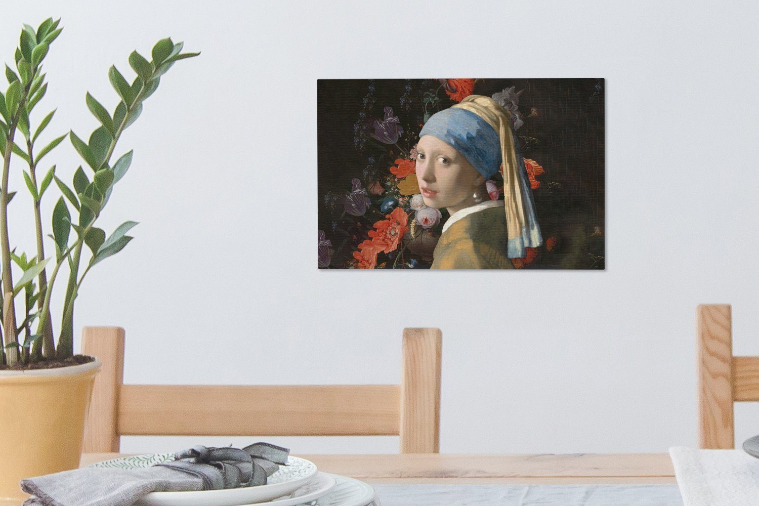 Leinwandbilder, dem (1 - St), Das Perlenohrring - cm Mädchen Blumen, OneMillionCanvasses® Gemälde Aufhängefertig, Wanddeko, Wandbild mit Vermeer 30x20