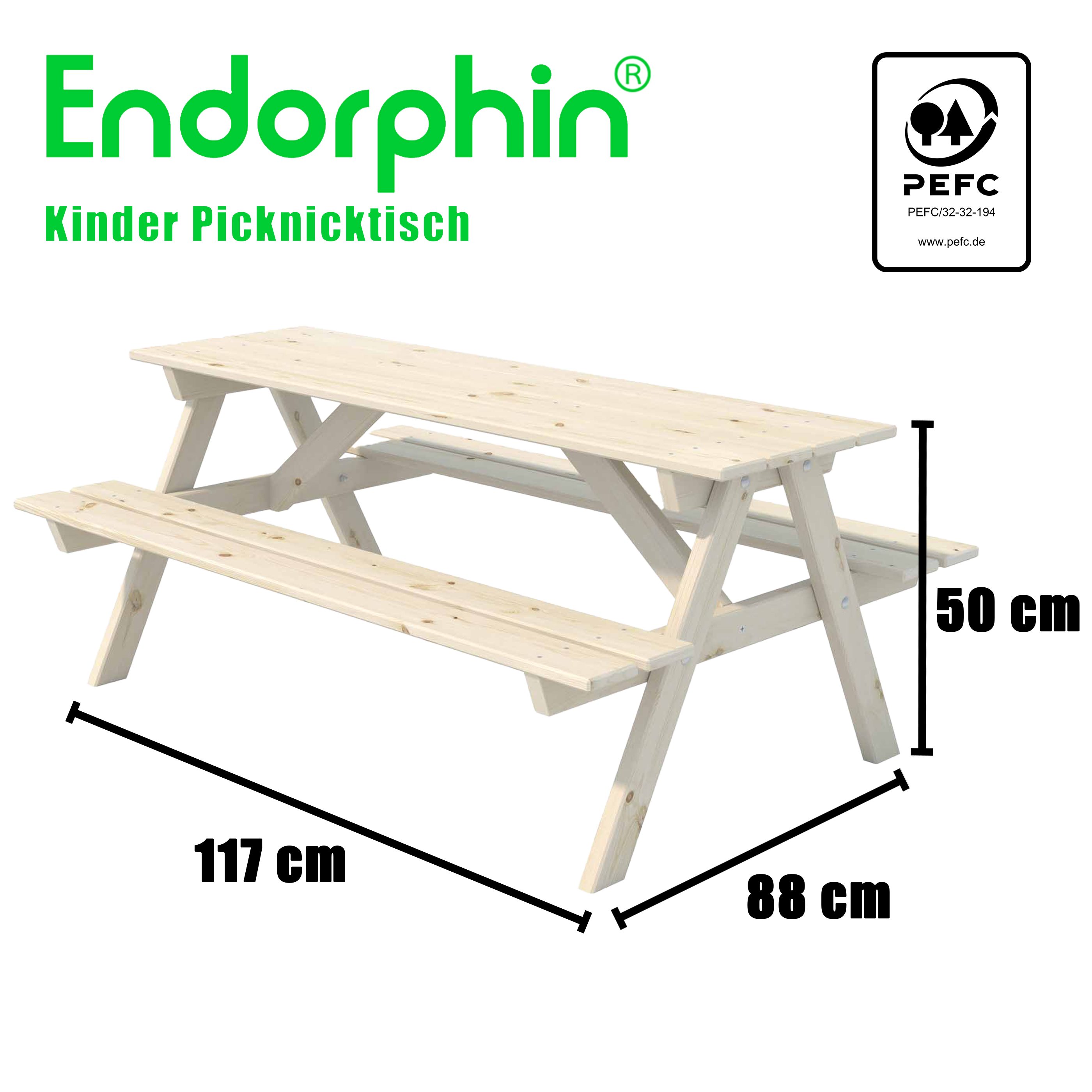 Endorphin Kindertisch Kinder Picknicktisch, kammergetrocknetes Kiefernholz, Picknickbank für