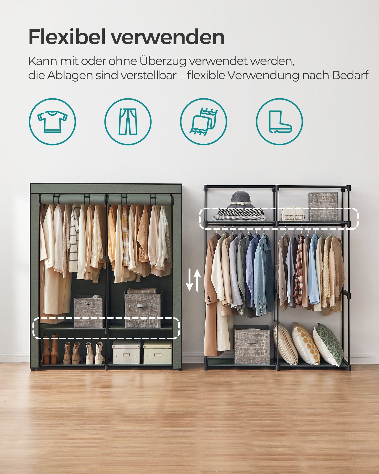 SONGMICS Stoffschrank Stoffschrank mit 2 Kleiderstangen, faltbare Garderobe, 1 er/2er Set