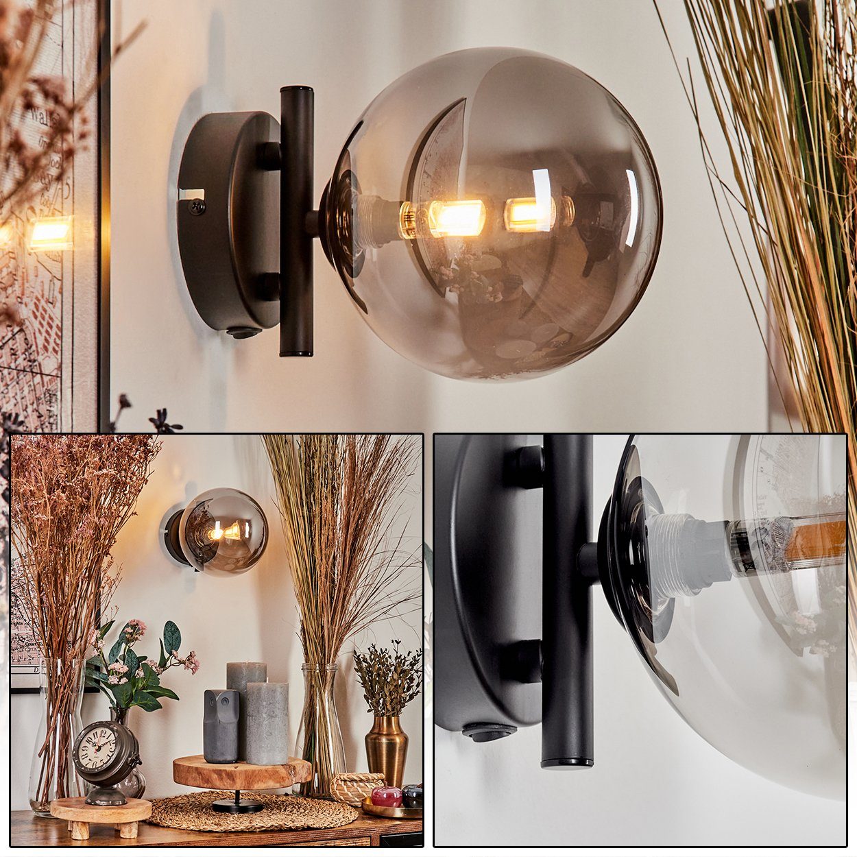 hofstein Wandleuchte Wandlampe aus Metall/Glas in Schwarz/Rauchfarben, ohne günstig online kaufen