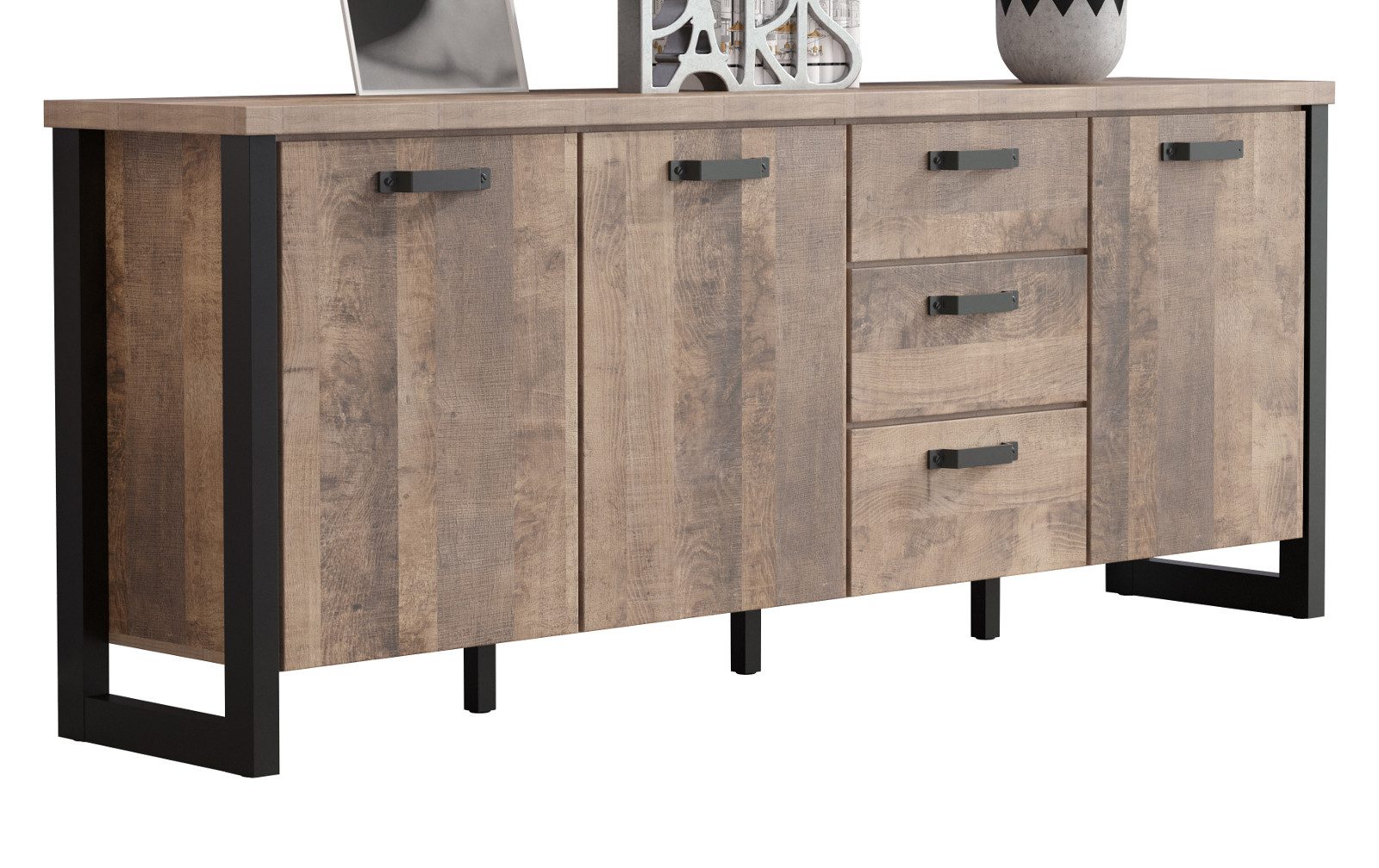 trendteam Sideboard Emile (Anrichte in Eiche Tabak und schwarz, 214 x 86 cm), mit viel Stauraum