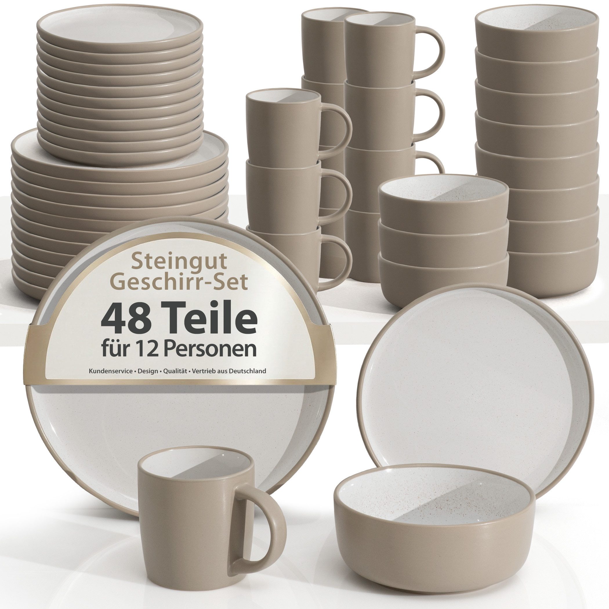 Hausfelder Geschirr-Set Steingut Geschirrset 12 Personen, 48teilig, Nordic Sand (48-tlg), 12 Personen, Steinzeug, spülmaschinen- & mikrowellengeeignet, Reaktivglasur