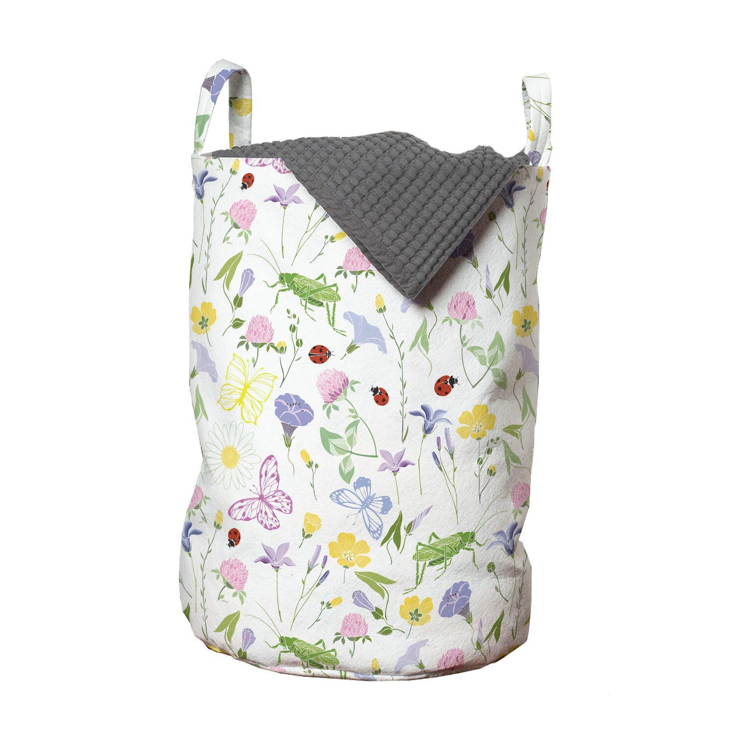 Abakuhaus Wäschesäckchen Wäschekorb mit Griffen Kordelzugverschluss für Waschsalons, Marienkäfer Schmetterling und Blumen