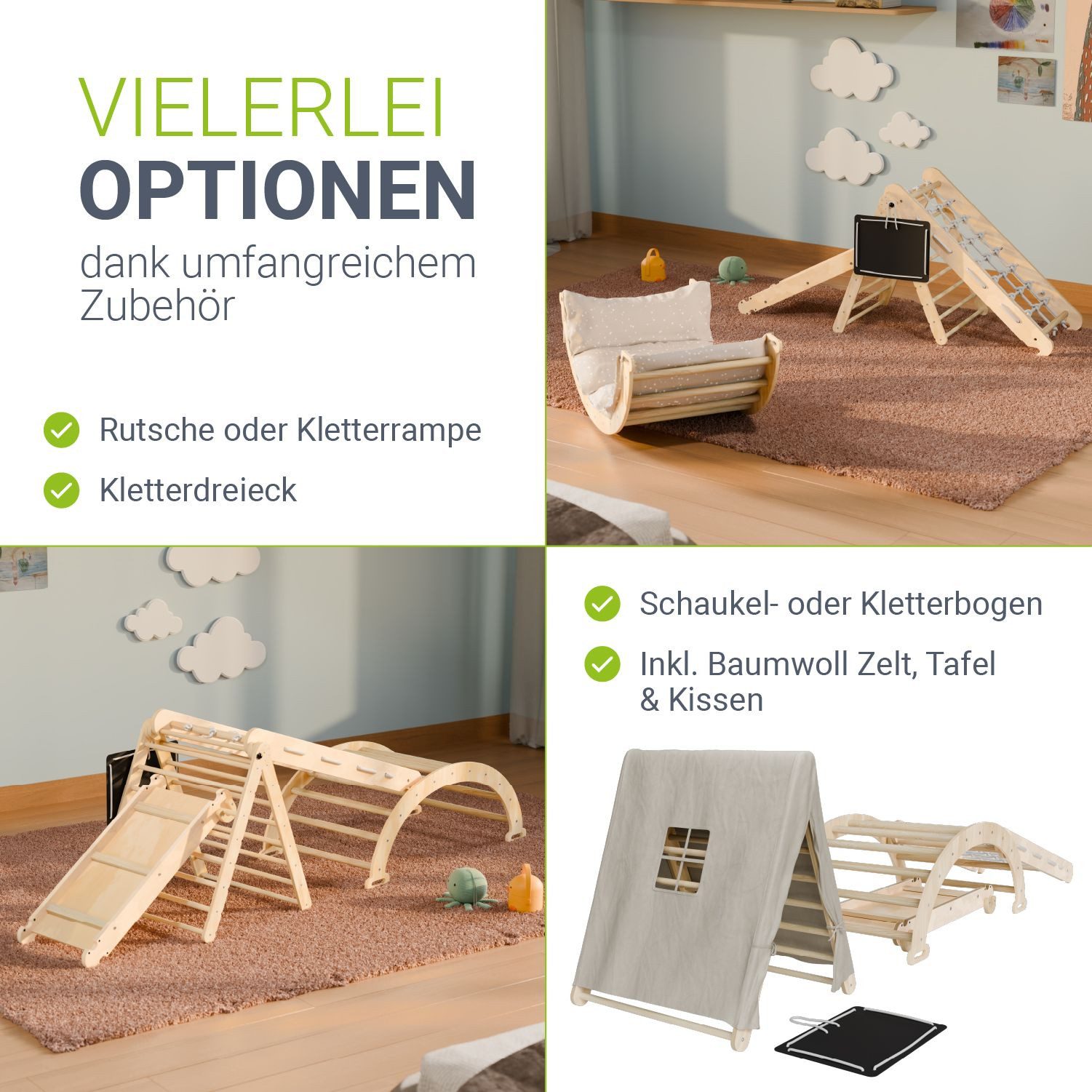 Juskys Klettergerüst Movario Groß, (6-St), Indoor Kletterdreieck, Kletterbogen mit Kissen, Rutsche, Tafel