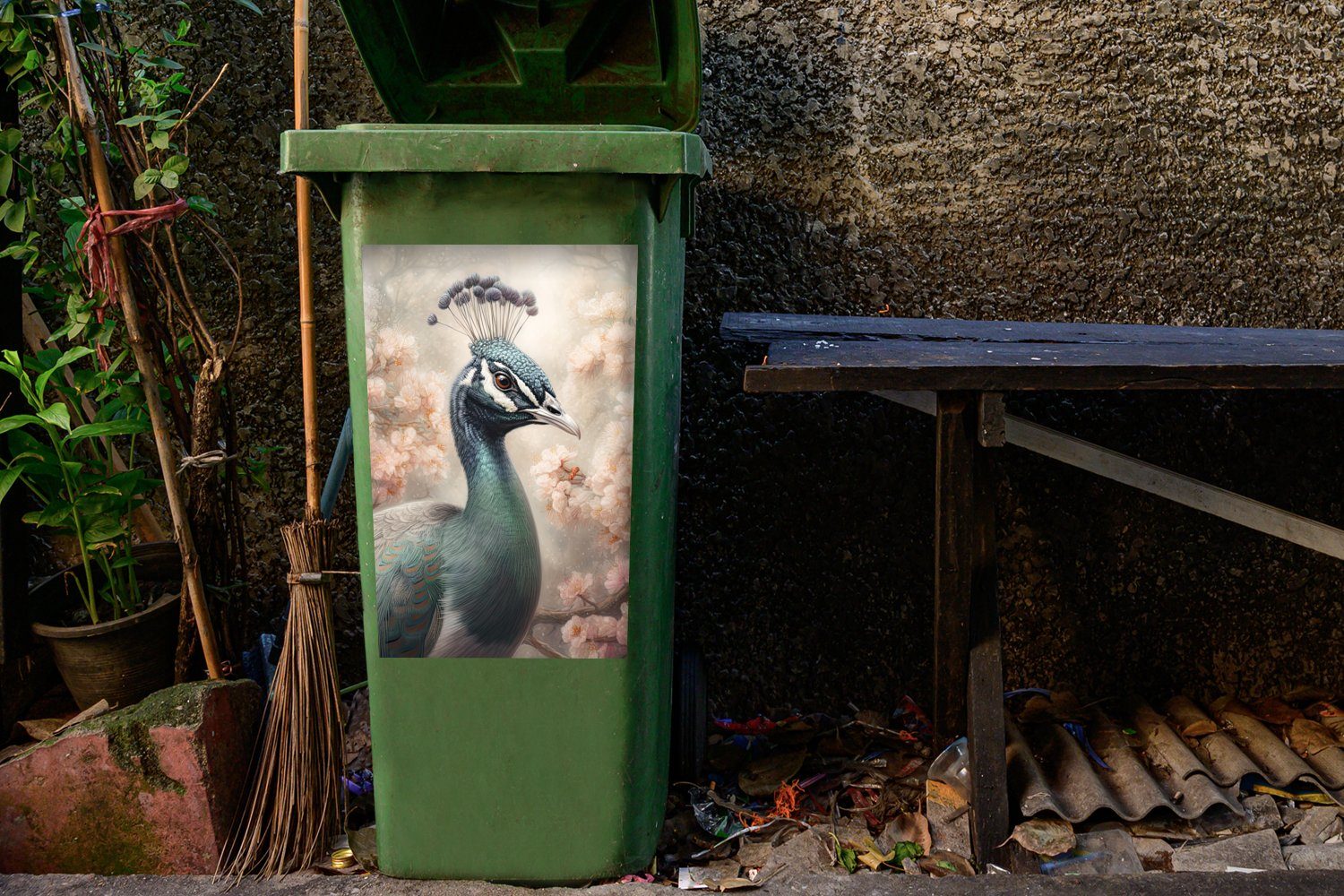 MuchoWow - Pfau Mülltonne, Vögel Baum - - St), - (1 Mülleimer-aufkleber, Sticker, Container, Botanisch Abfalbehälter Blumen Wandsticker