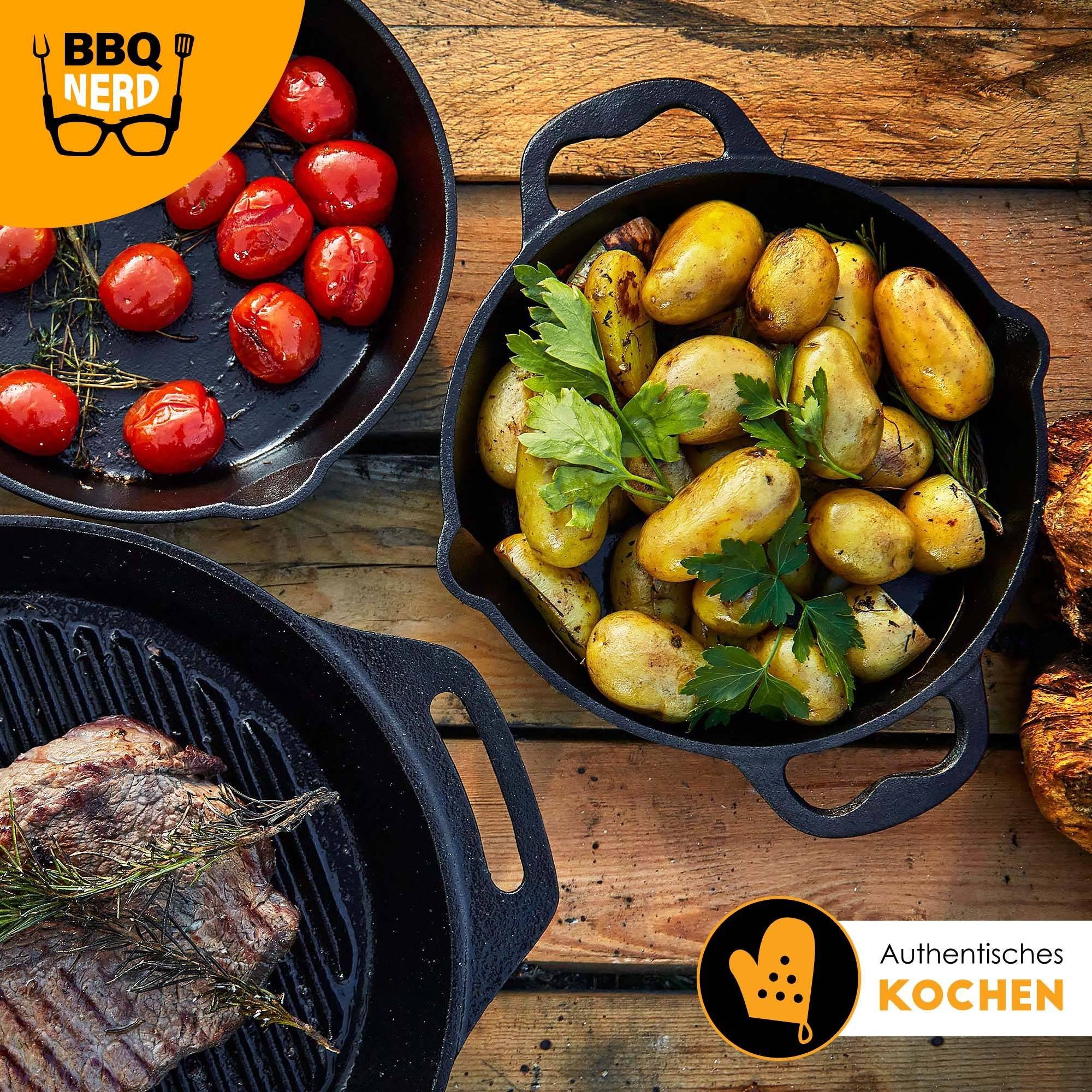 25 Grillpfanne, 20 Nerd Campinggrill - Ø hitzebeständig 40 (Massiver Grillpfanne & Gusseisen  ǀ, aus wärmespeichernd BBQ cm Antihaft-Pfanne mit 30 Feuerpfanne 35 Gusseisen Ausgießer),